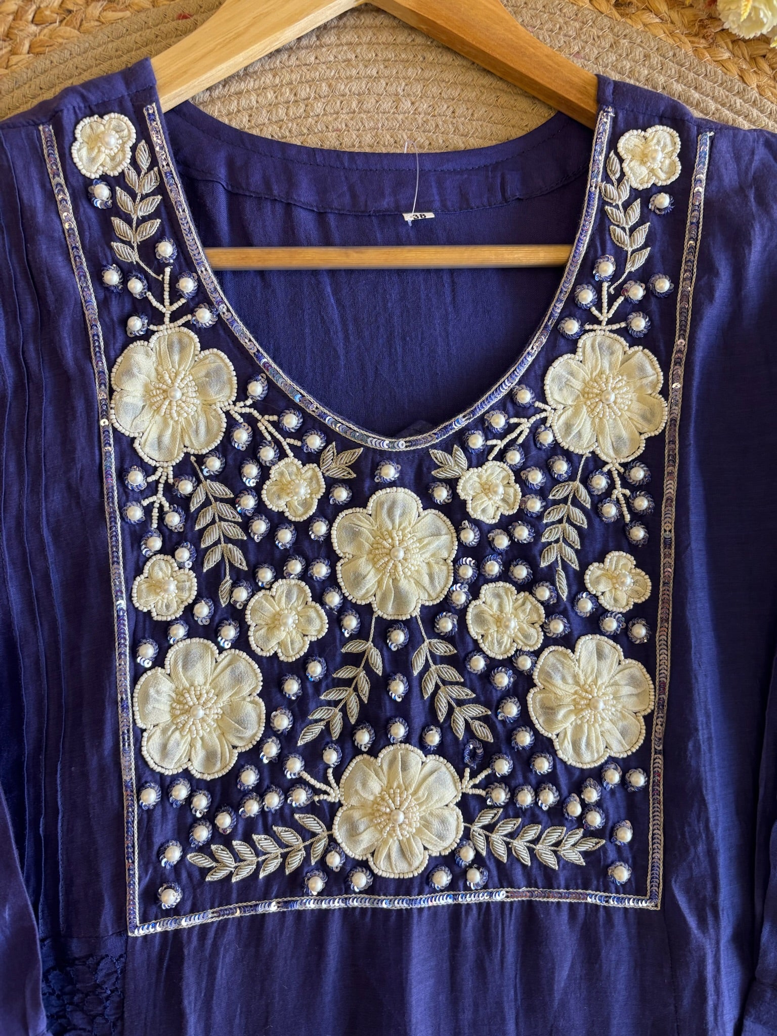 A2730- Mul Chanderi Suit with Heavily Embroidered Yoke, 3D Floral Applique & Pearl Detailing, with Designer Embroidered Pants & Organza Dupatta.