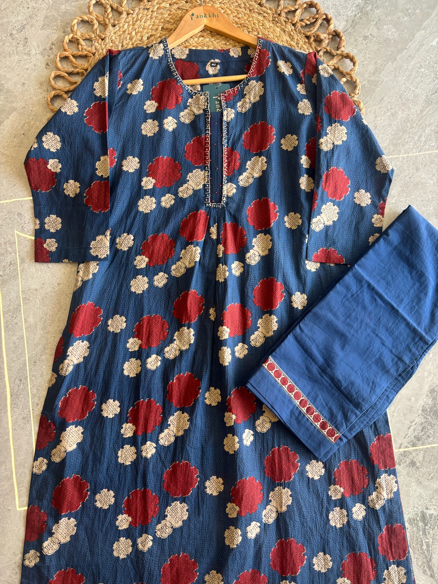 A3904 - Indigo Cotton Kurti with Bold Prints, Shaded Dupatta & Pants.