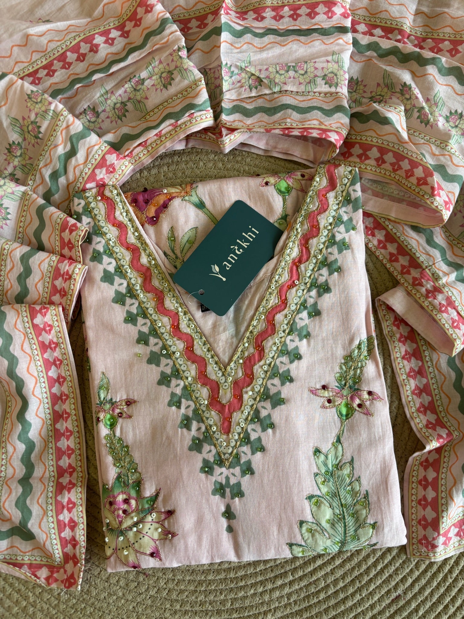 A3933 - Blush Pink Floral Cotton Silk Suit set.