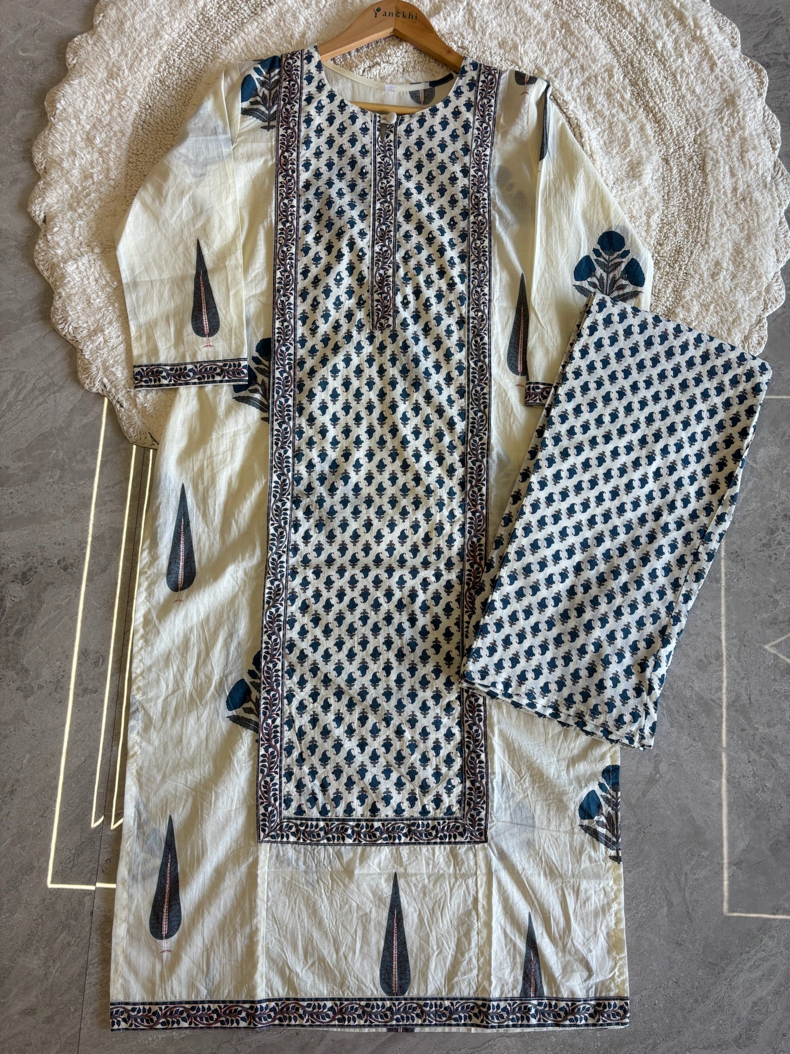 A3923- Pure Cotton Suit with Handblock & Floral Prints, a Printed Bottom & Dupatta.