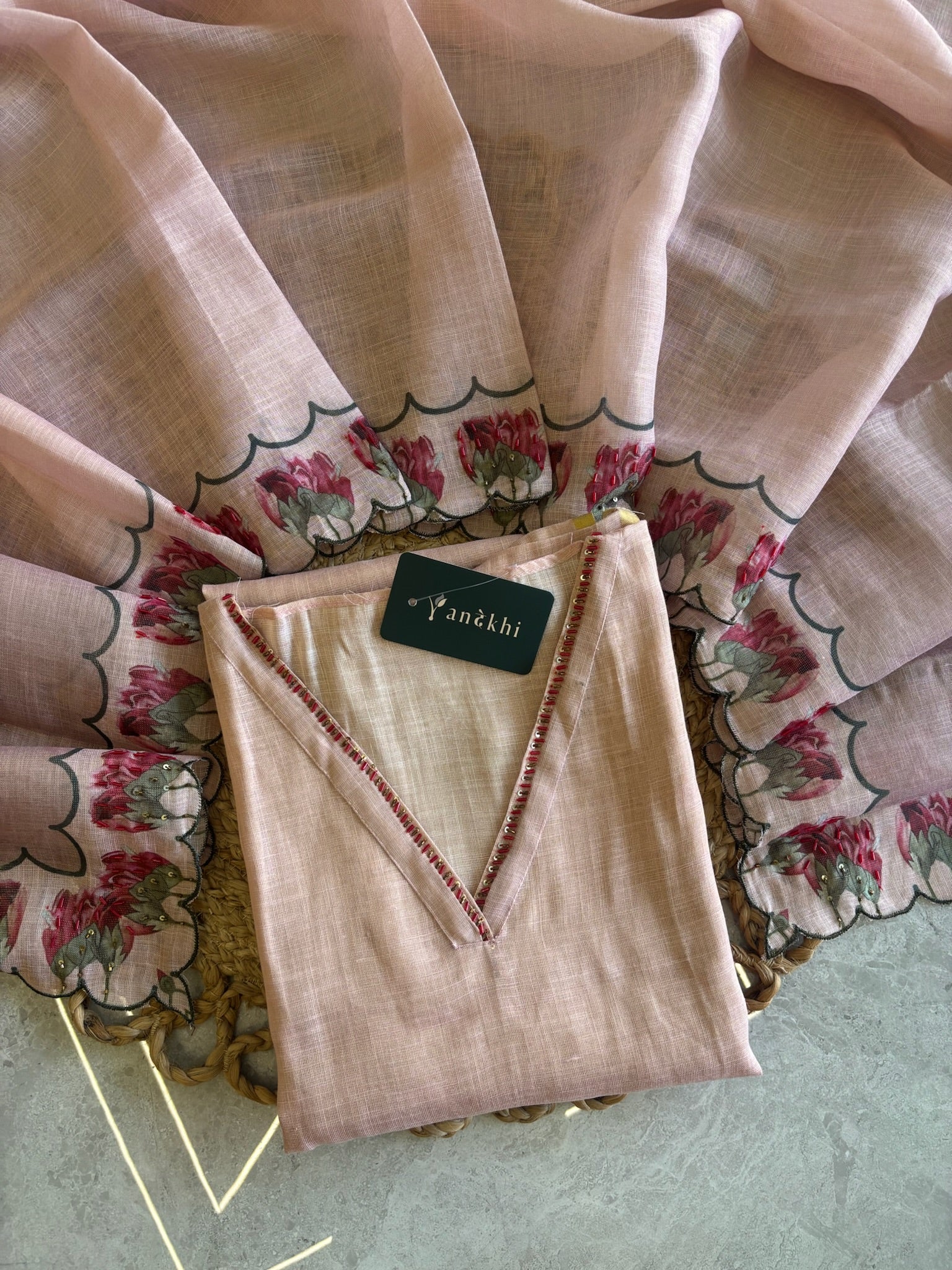 A1221 - Linen Unstiched Suit with Minimal Handwork.