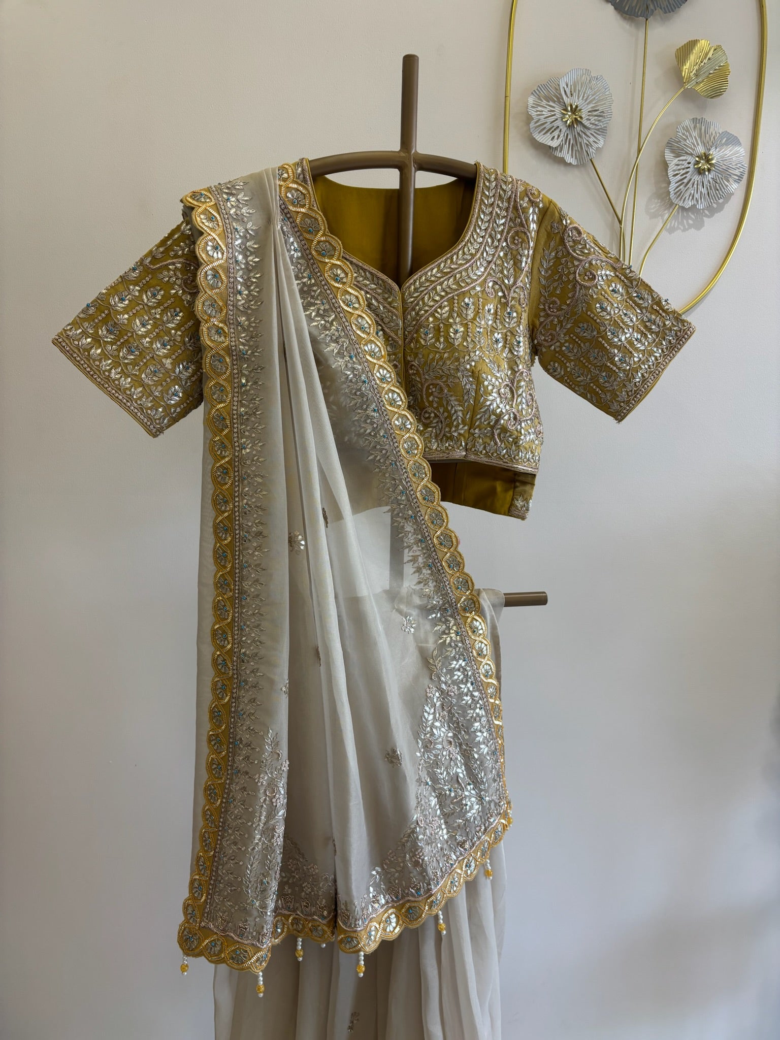 A1519 - Ivory Tissue Saree with Contrast Heavy Handwork Gota Blouse