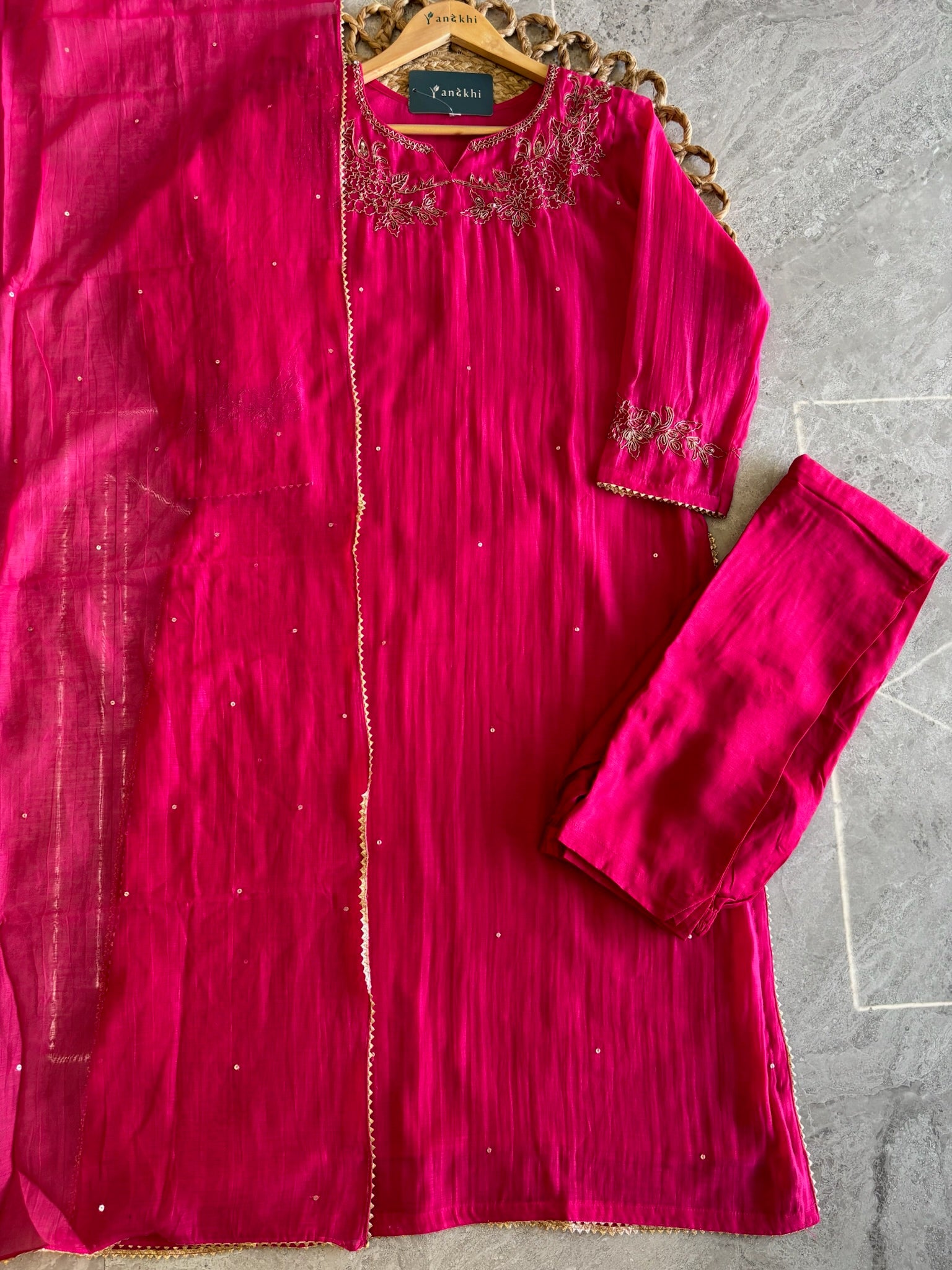 A4147- Mul Chanderi suit with Hand-Embroidered Zardozi detailing, paired with matching Pants & Dupatta.