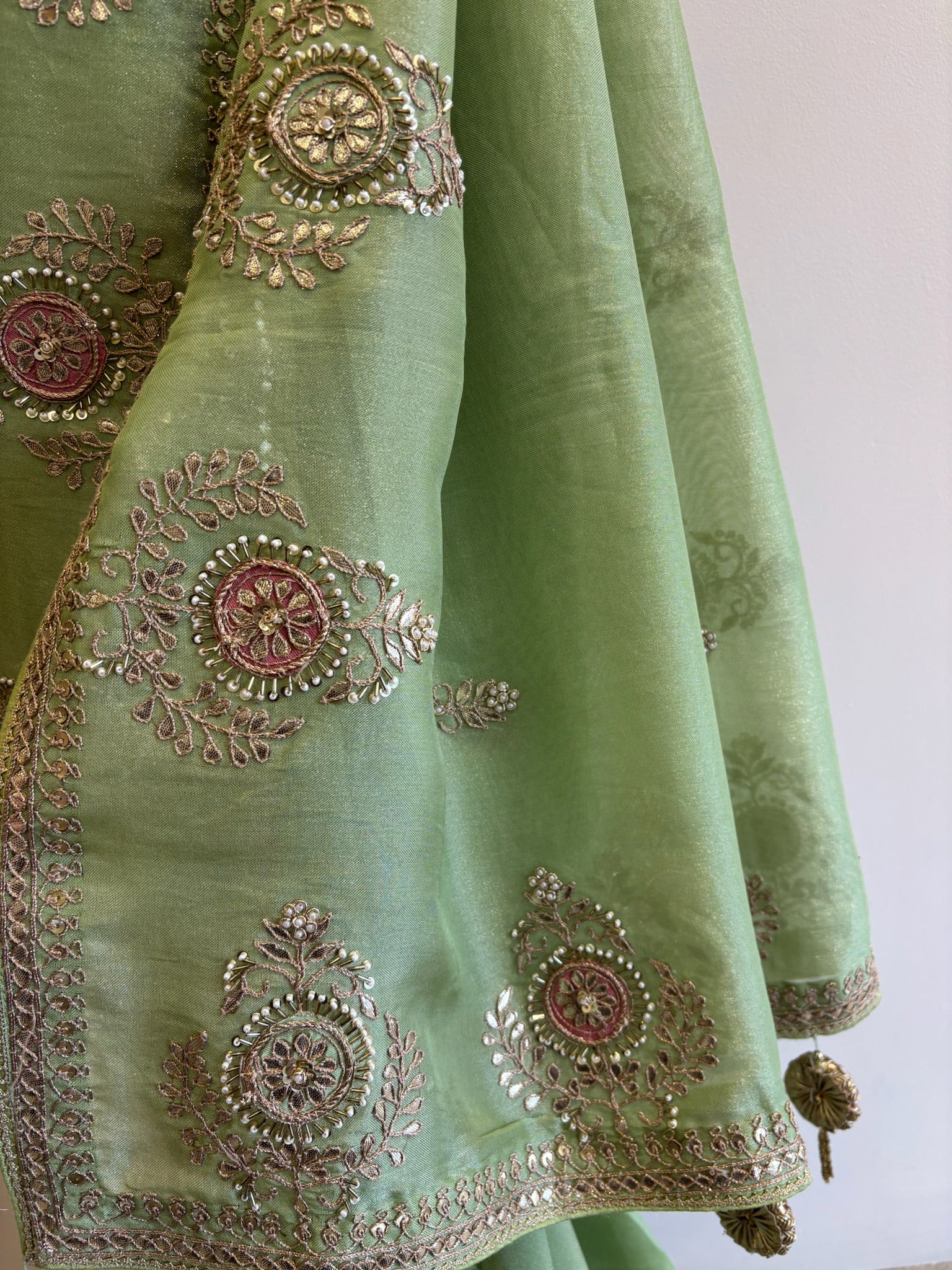 A1079 - A Pista-Green Saree with Gota, Zari, and Resham Work.