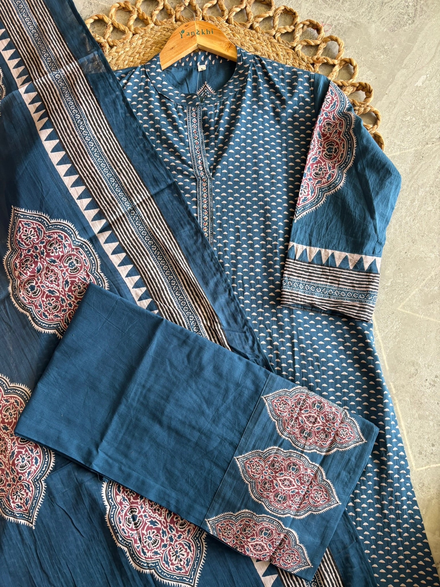 A2852 - Indigo Kurta Pant Set with Hand Block Print & Statement Borders.