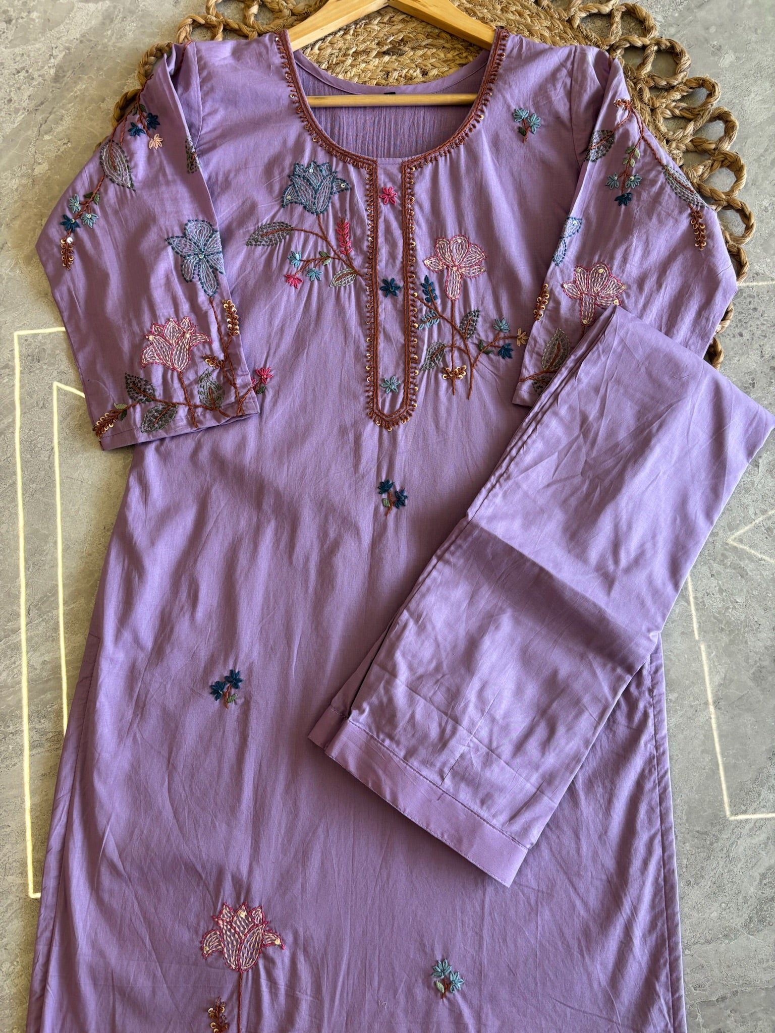 A3895 - Mul Cotton Kurti with Katha Embroidery, paired with pants & dupatta.