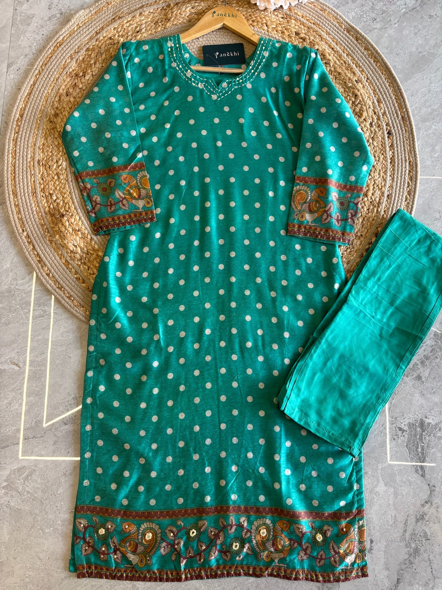 A6206- Chanderi Silk Suit featuring a vibrant polka-dotted Kurta with traditional Printed border, paired with Pants