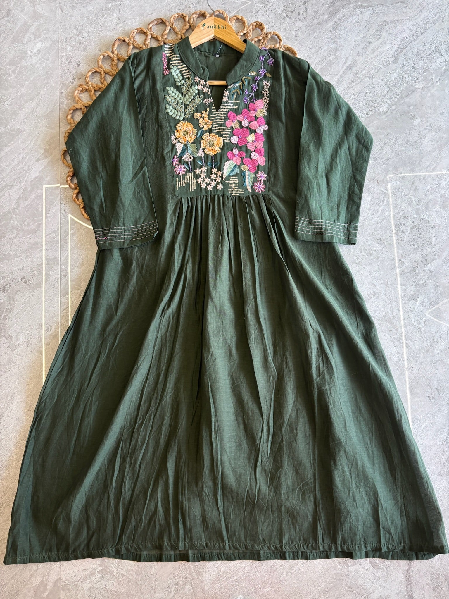 A4148- Mul Chanderi Kurti featuring Intricate Multi-Colour Handwork, with Pants & Dupatta.