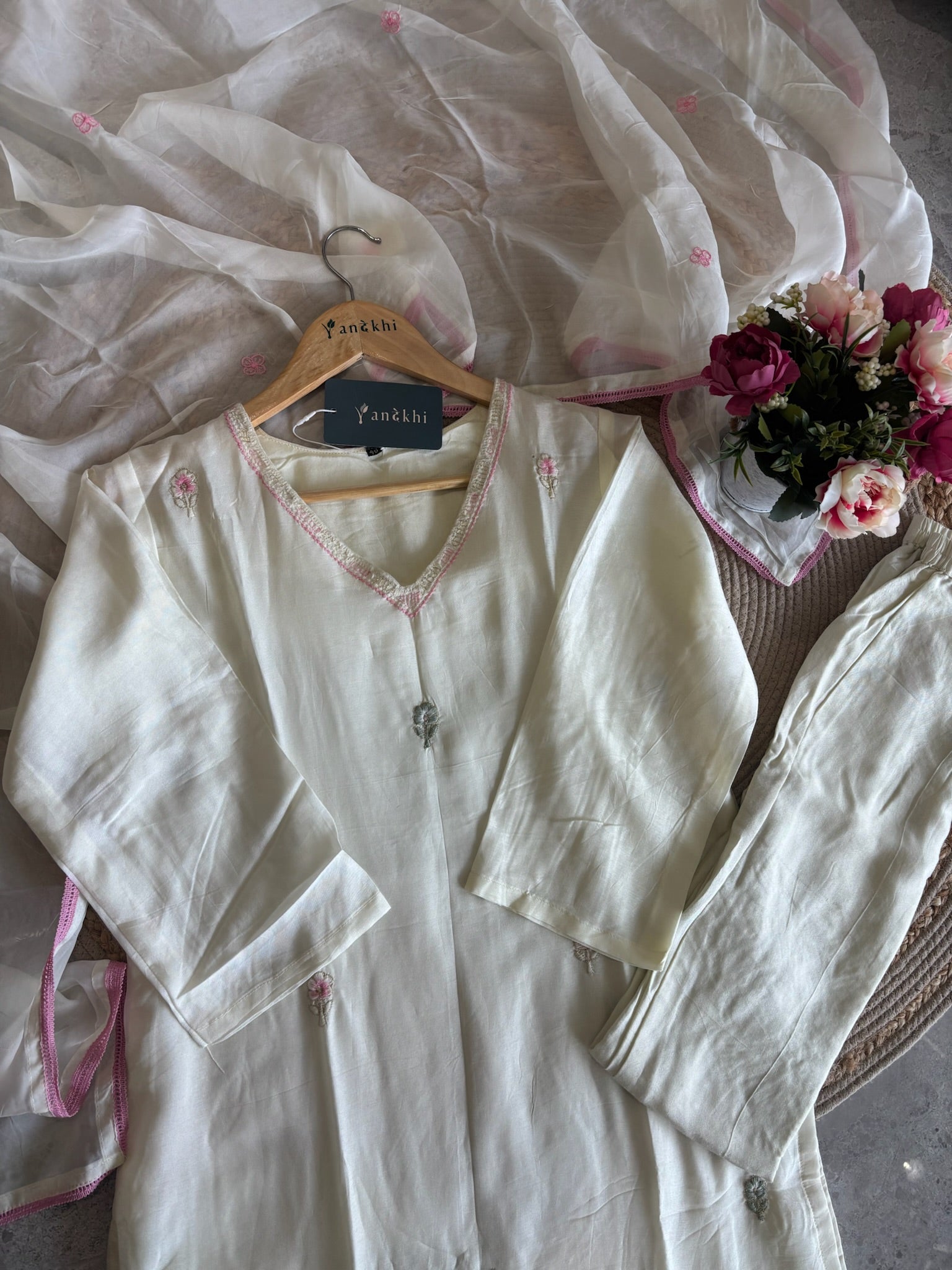A1597 - Ivory Russian Silk Kurta Set with 3D Floral Appliqué
