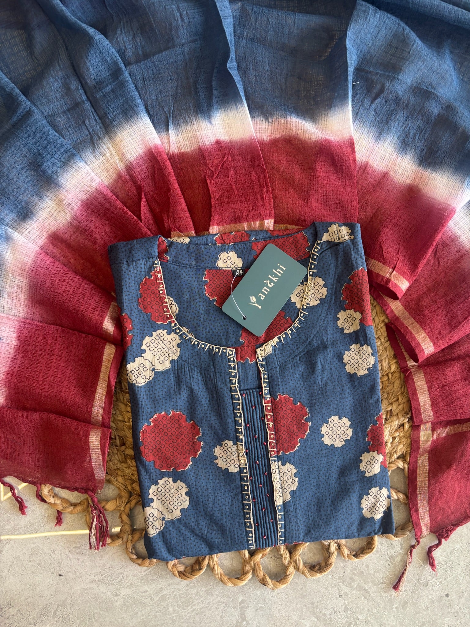A3904 - Indigo Cotton Kurti with Bold Prints, Shaded Dupatta & Pants.