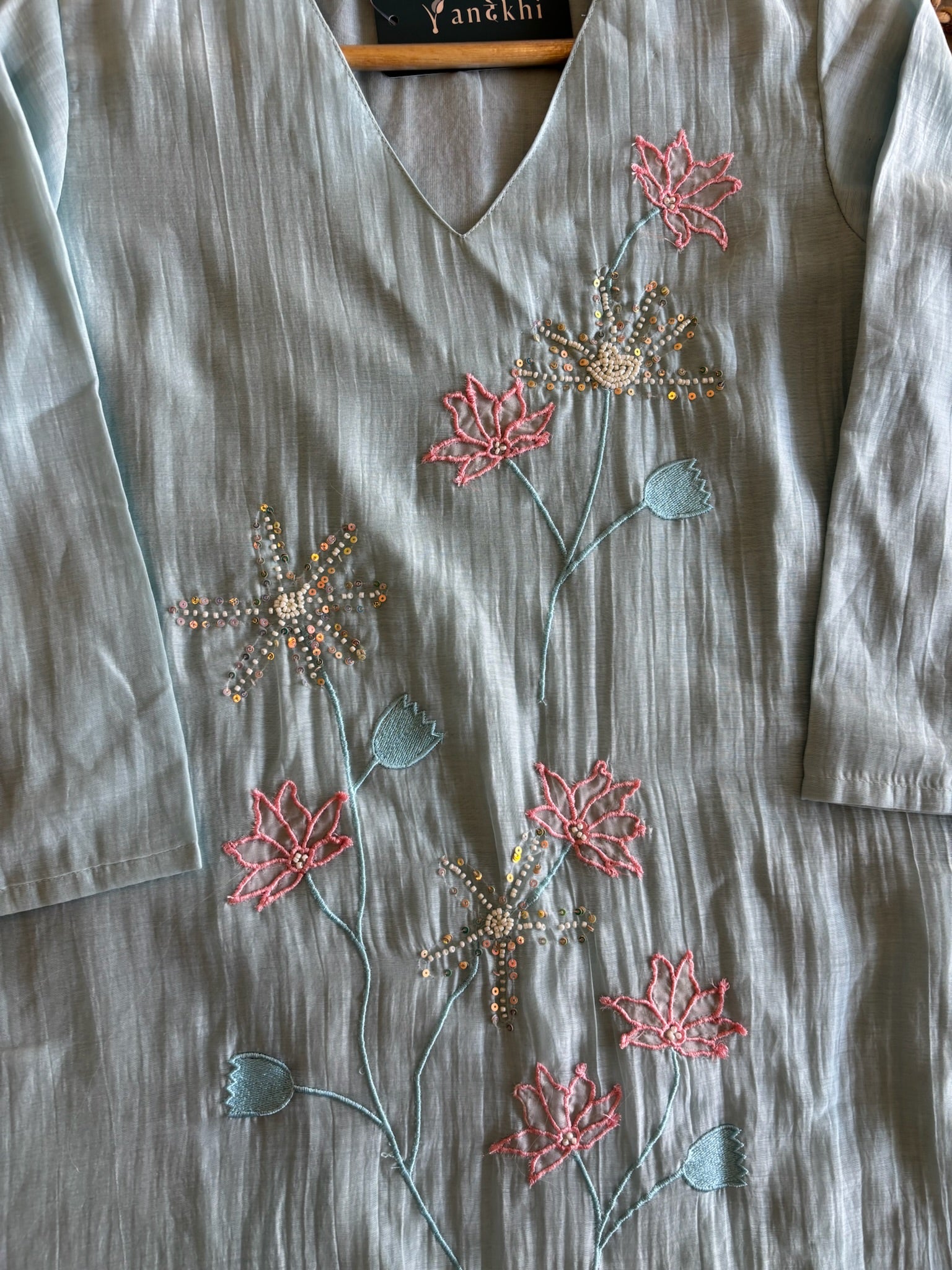 A4145 - Pure Mul Chanderi Kurti with delicate embroidery & beadwork, paired with Pants and Dupatta.