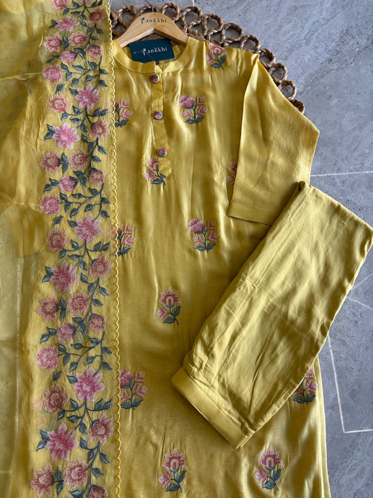 A3961 - Pure Dola Silk suit with French knot Embroidery and Organza Border Dupatta.