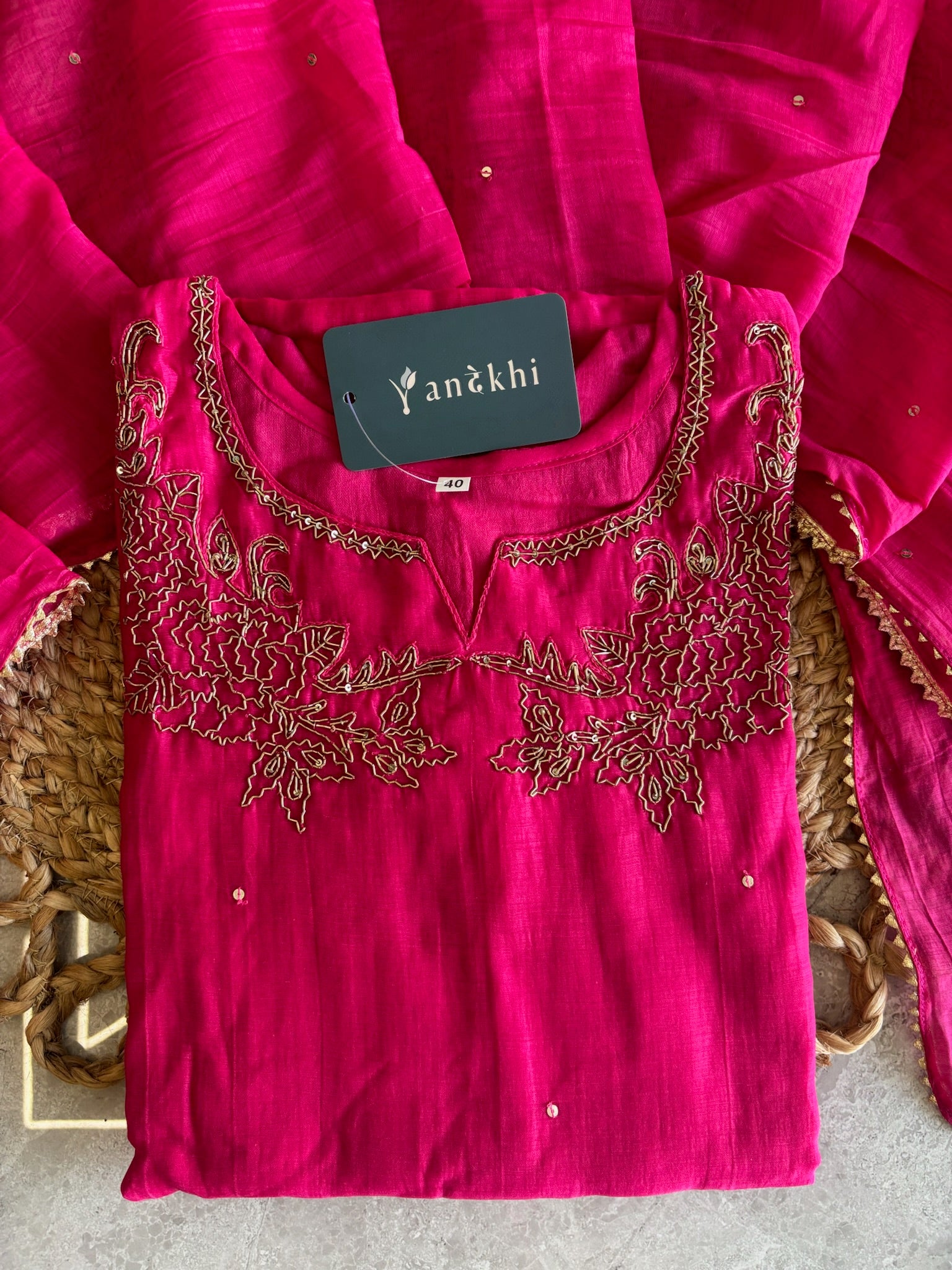 A4147- Mul Chanderi suit with Hand-Embroidered Zardozi detailing, paired with matching Pants & Dupatta.