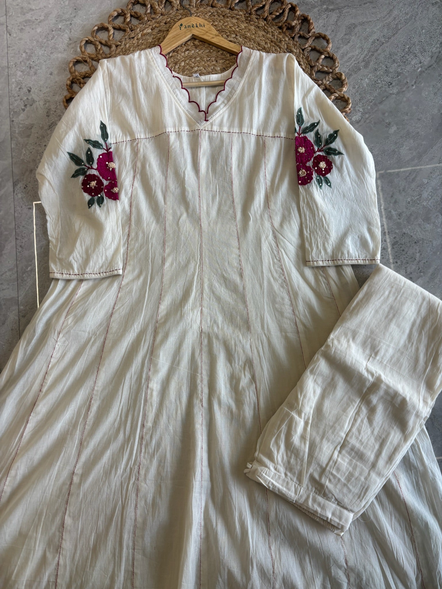A4160- Pure Mul Chanderi Anarkali style Kurti, stitch detailing & Embroidered sleeves, with pant & Dupatta