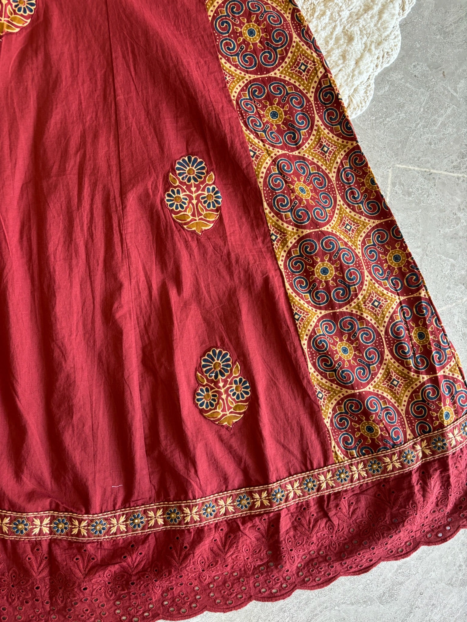 A3948- Pure Cotton Solid Anarkali Suit with Embroidered Yoke, Ajrakh-inspired Printed Accents, matching Pants & Printed Dupatta.
