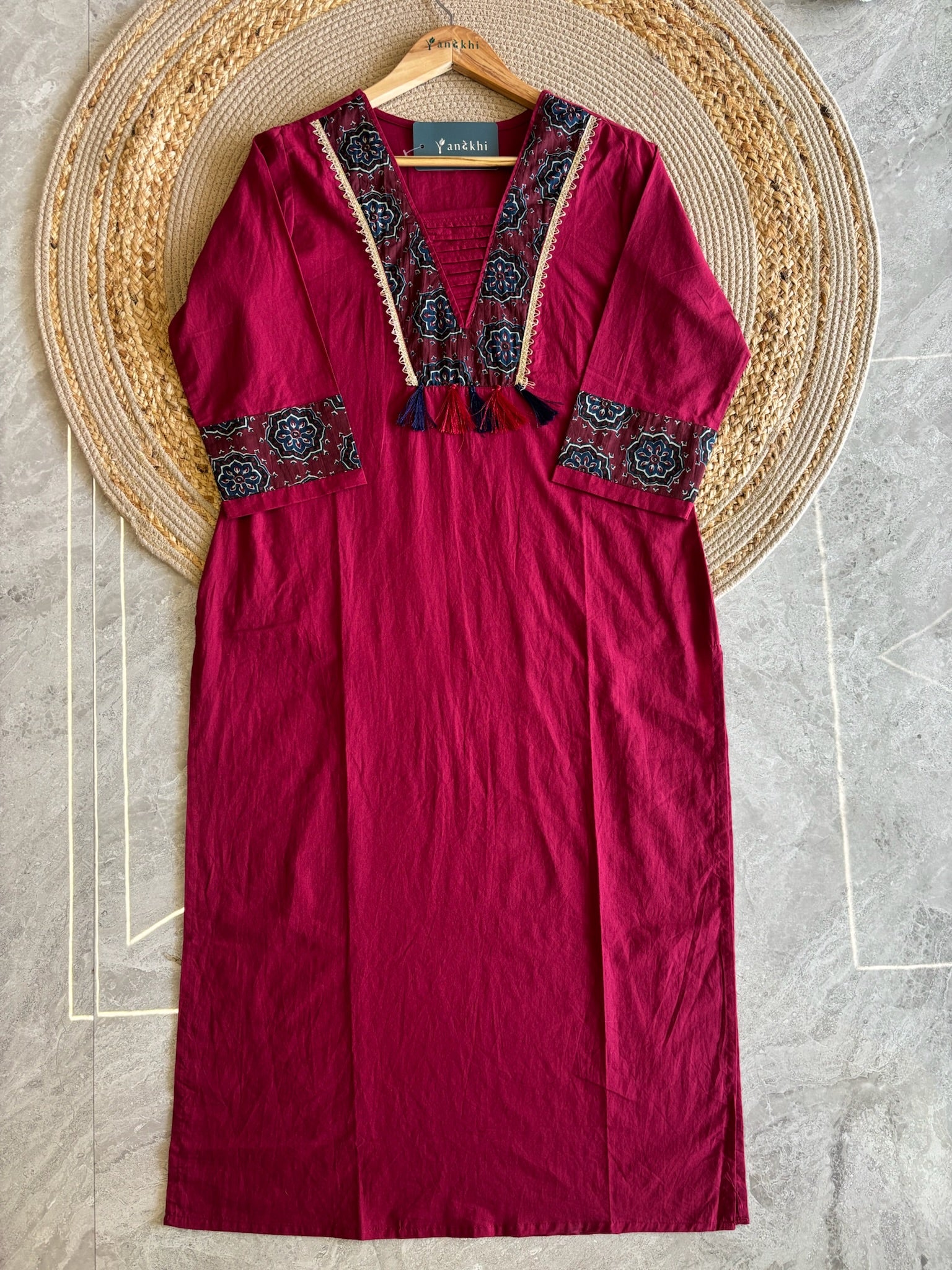 A4024- Pure Cotton Kurti with Statement Yoke Design and Tassels, Printed Pants & Dupatta.