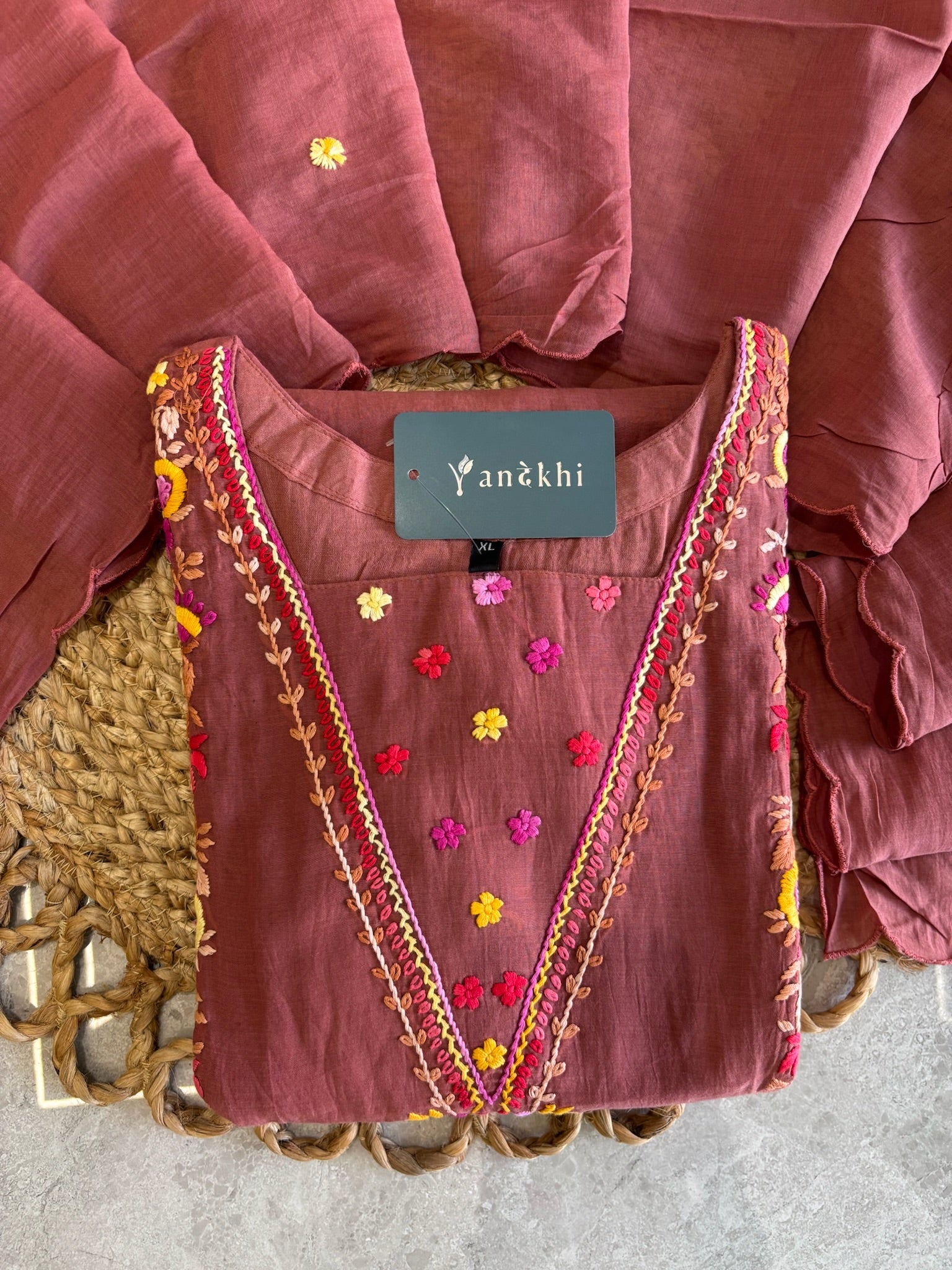 A4143- Mul Chanderi Kurti with vibrant floral Hand-Embroidery & Front Pockets, Pants & scalloped Dupatta.