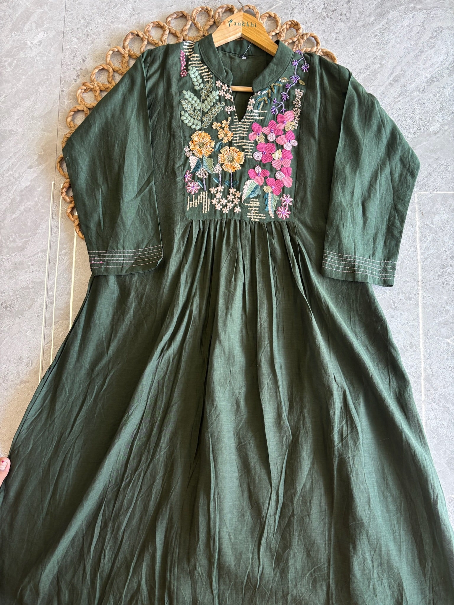A4148- Mul Chanderi Kurti featuring Intricate Multi-Colour Handwork, with Pants & Dupatta.