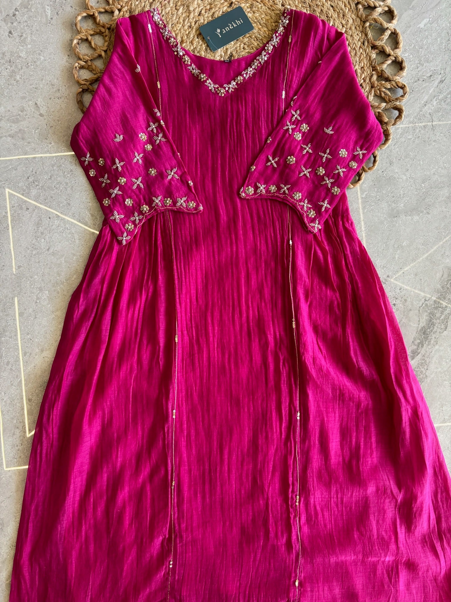 A1629 - Mul Chanderi Kurti with Delicate Hand Embroidery on Neckline & Sleeves with Pants & Dupatta.