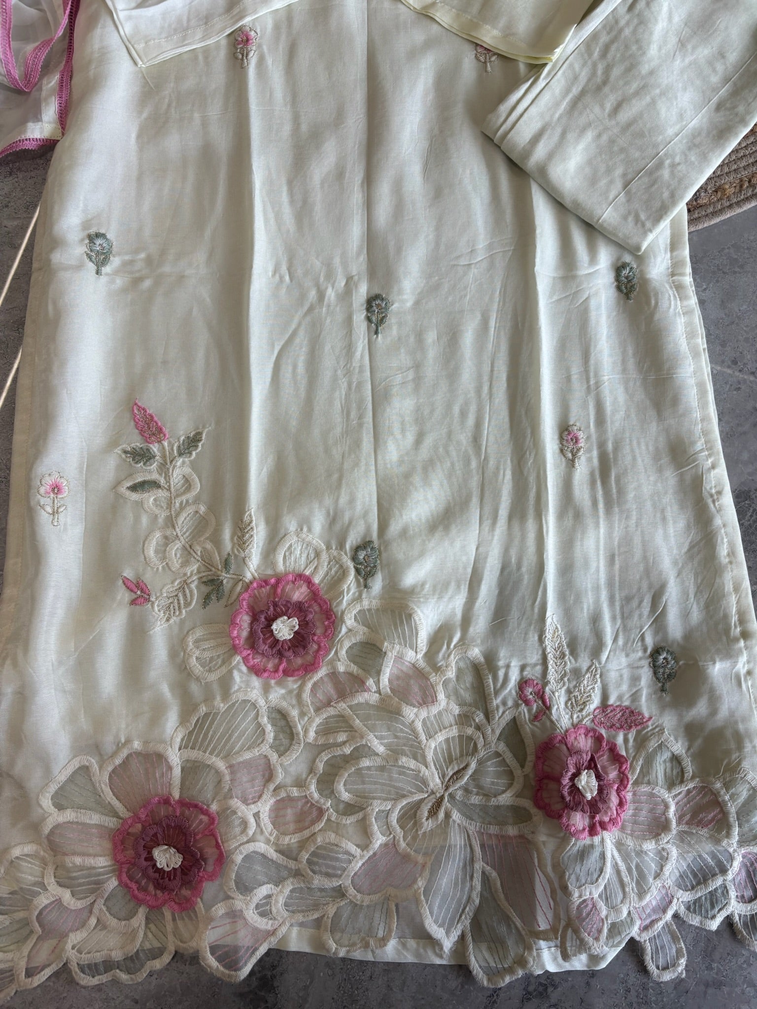 A1597 - Ivory Russian Silk Kurta Set with 3D Floral Appliqué
