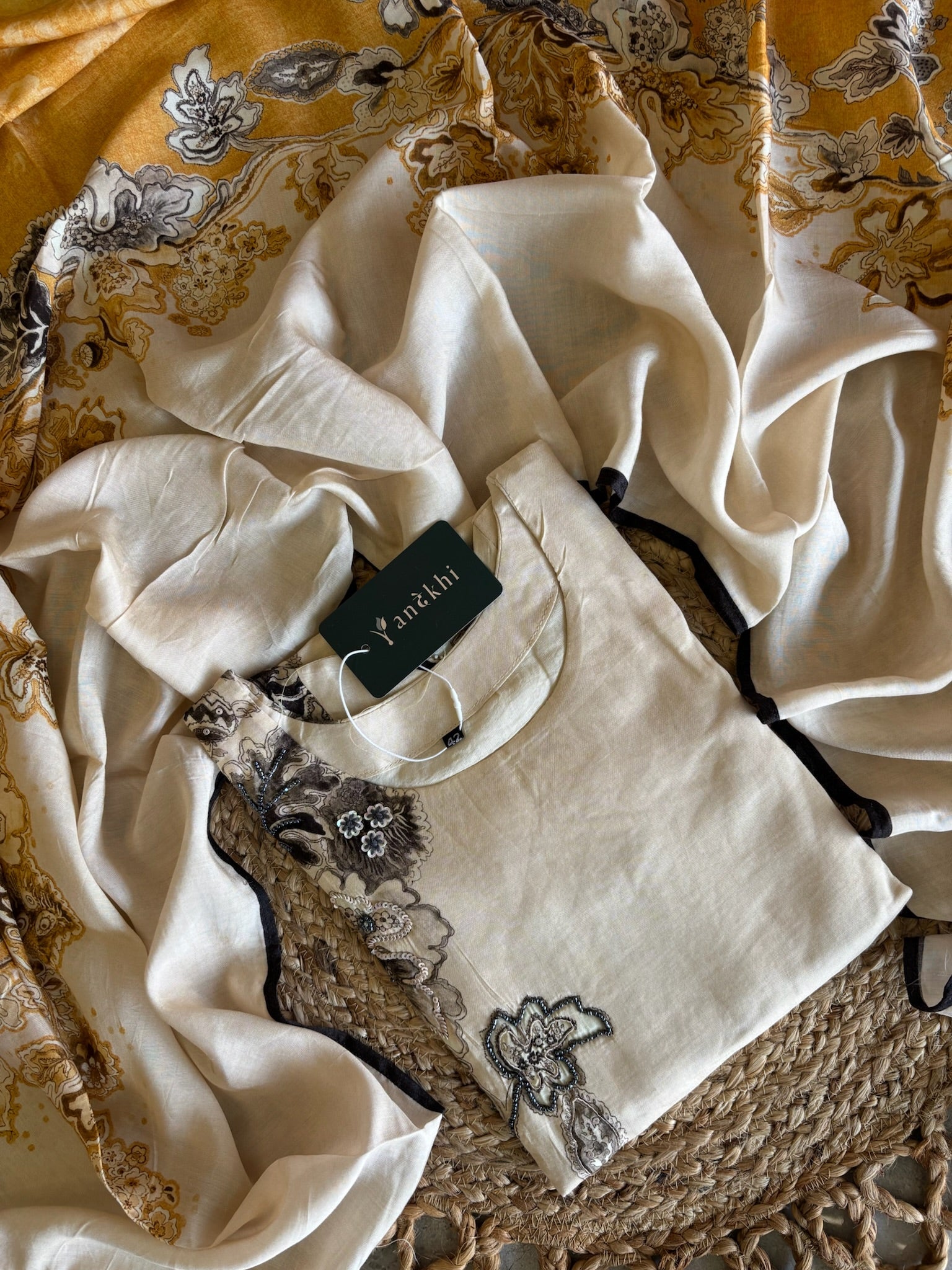 A1569 - Ivory Muslin Silk Kurti Set with Hand-Embroidered Detailing & Printed Dupatta
