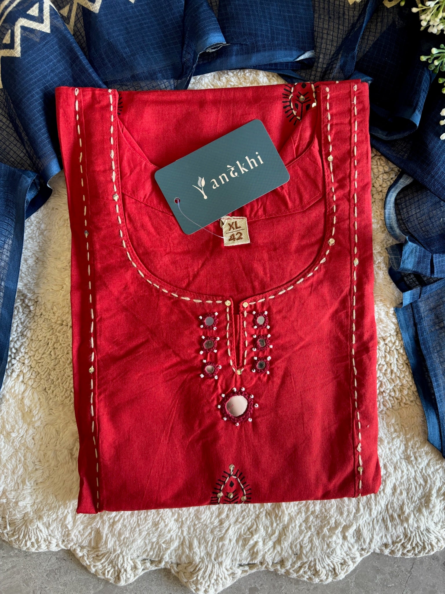 A4009- Pure Cotton Solid Kurti with minimal Katha Embroidery, Mirror Work & Applique Detailing matching Pants & Contrast Kota Doriya Dupatta.