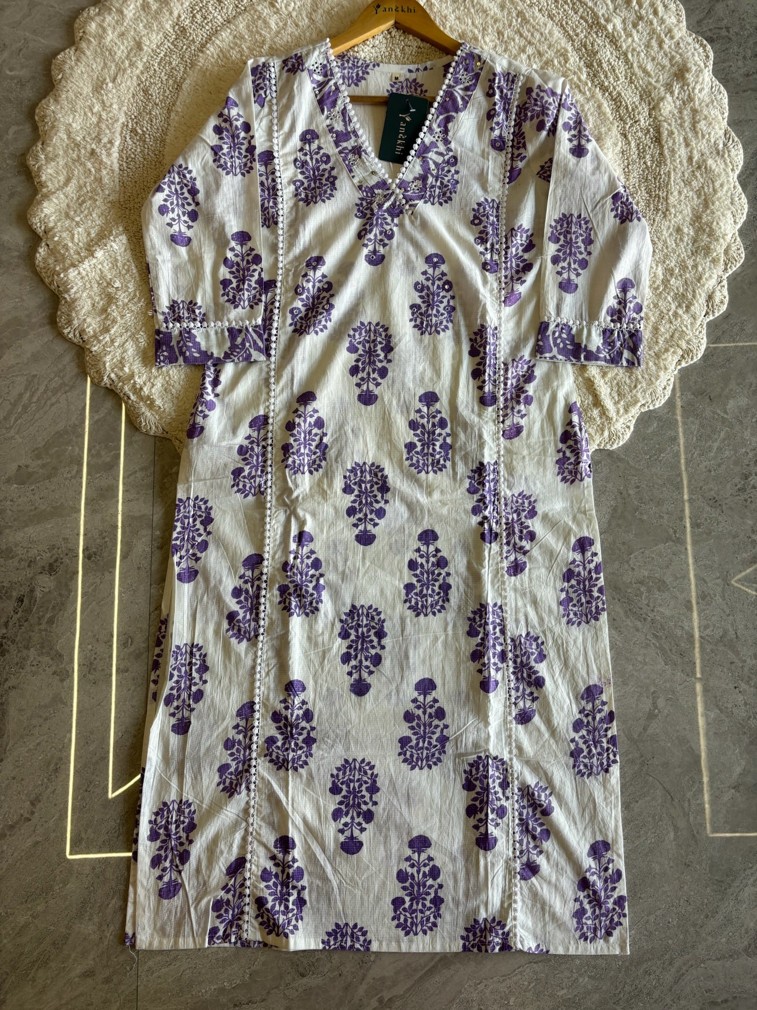 A4025- Pure Cotton Suit featuring Block-Printed Floral Motifs, delicate Lace detailing, matching Pants & Dupatta.