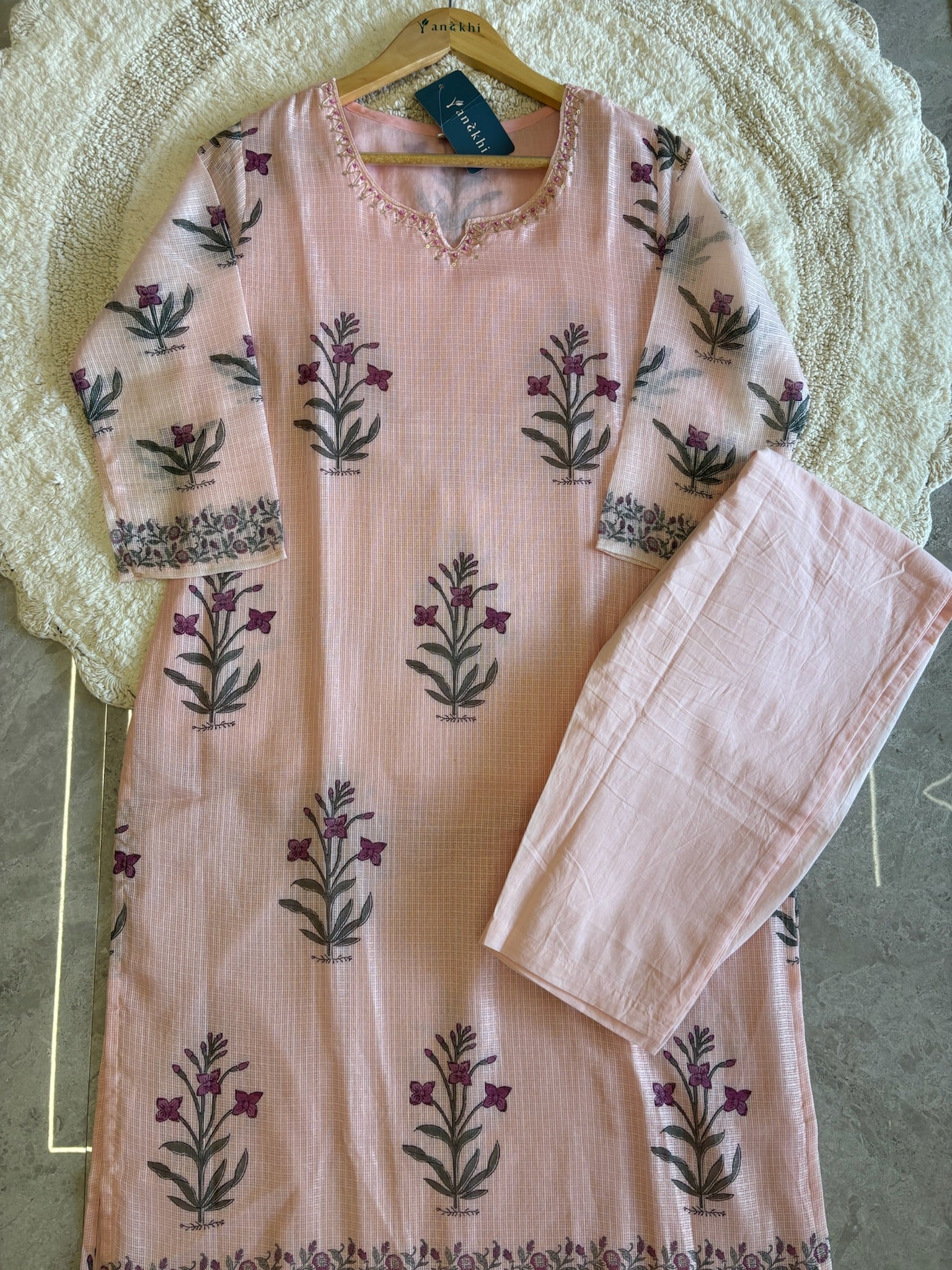 A4029- Kota Doriya Kurti Set featuring delicate Hand Block Floral Prints, Neckline detailing, matching Pants, & a Printed Dupatta.
