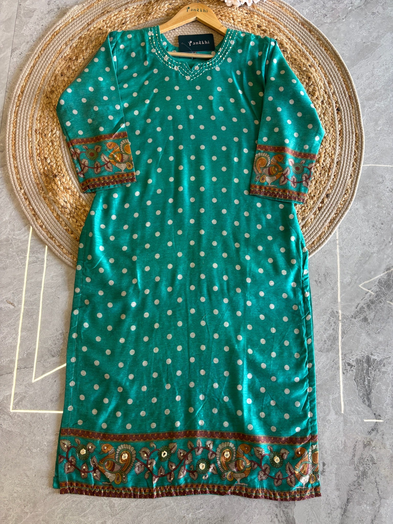 A6206- Chanderi Silk Suit featuring a vibrant polka-dotted Kurta with traditional Printed border, paired with Pants