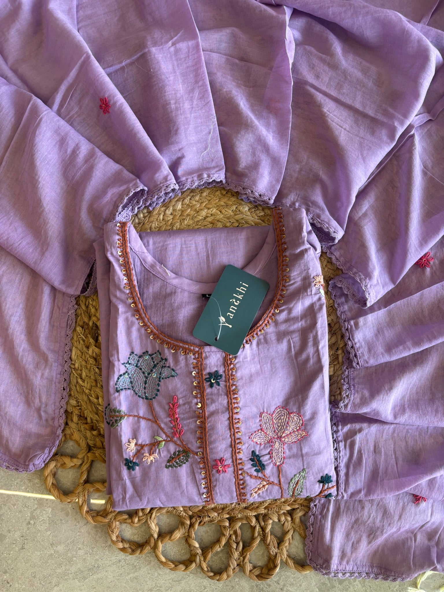 A3895 - Mul Cotton Kurti with Katha Embroidery, paired with pants & dupatta.