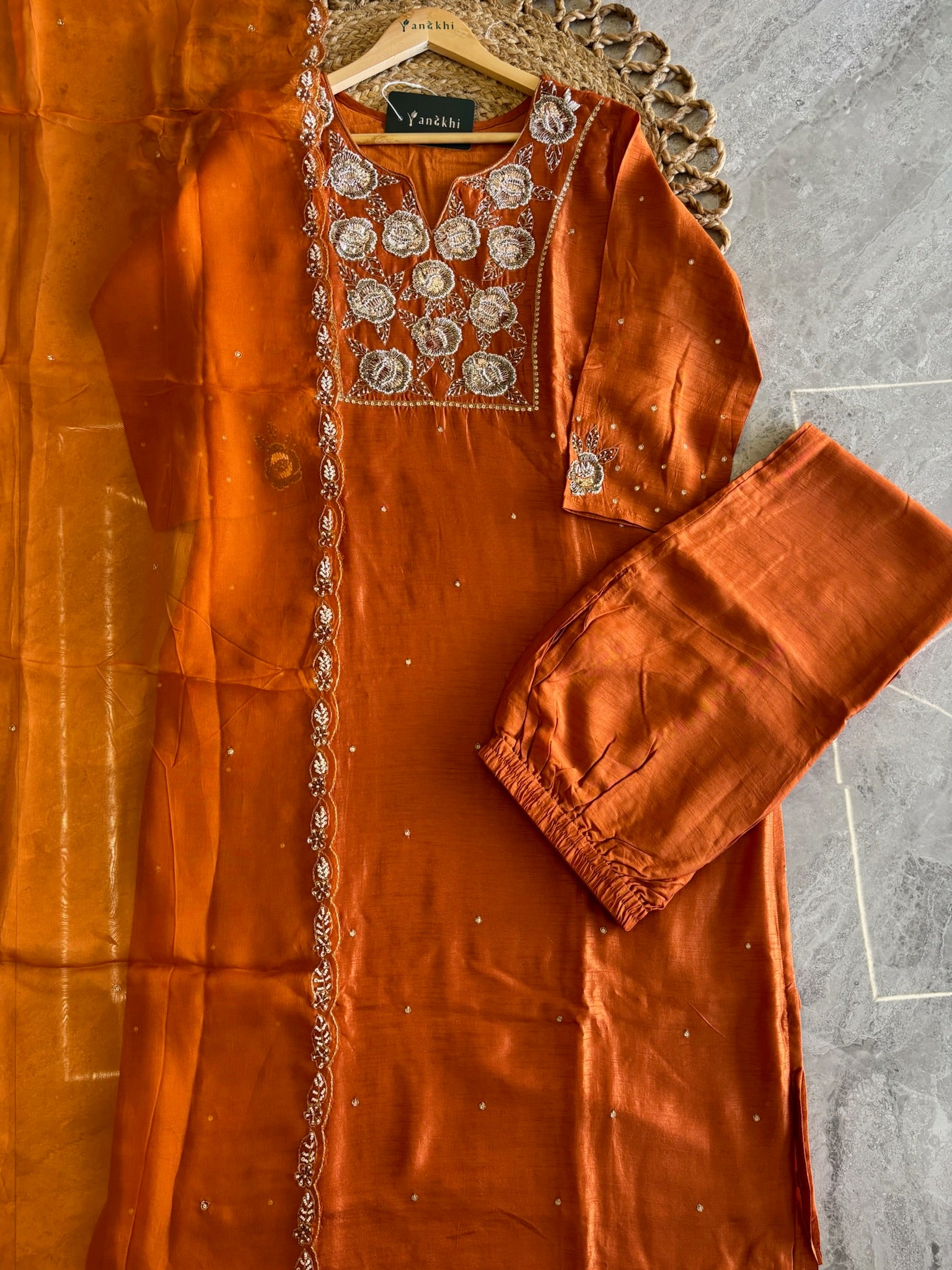A1557 - Pure Dola Silk Kurti with Intricate 3D Handwork Zardosi detailing, paired with Pants & Organza Dupatta