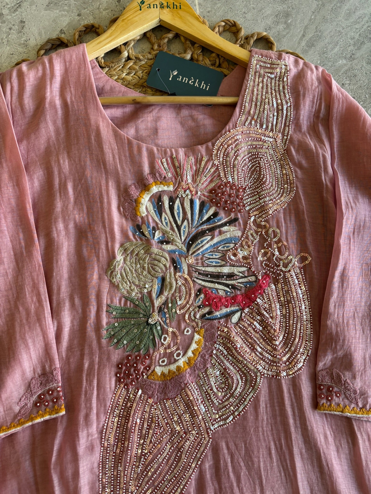 A4144 - Mul Chanderi Kurti with Heavy Handwork, paired with Pants & Dupatta.