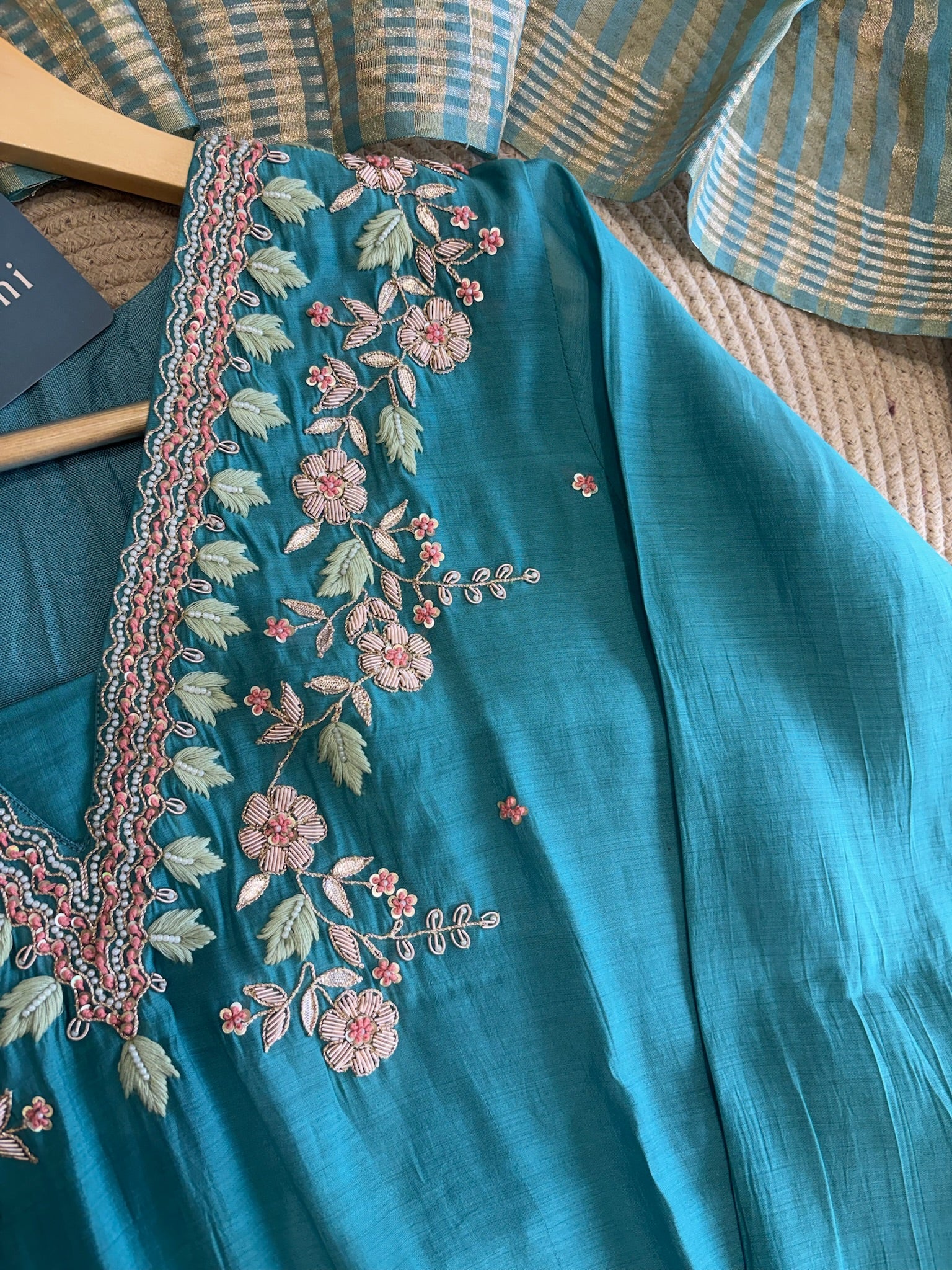 A1665 - Mul Chanderi Kurti with Handwork detailing, Striped Tissue Dupatta & Pants.