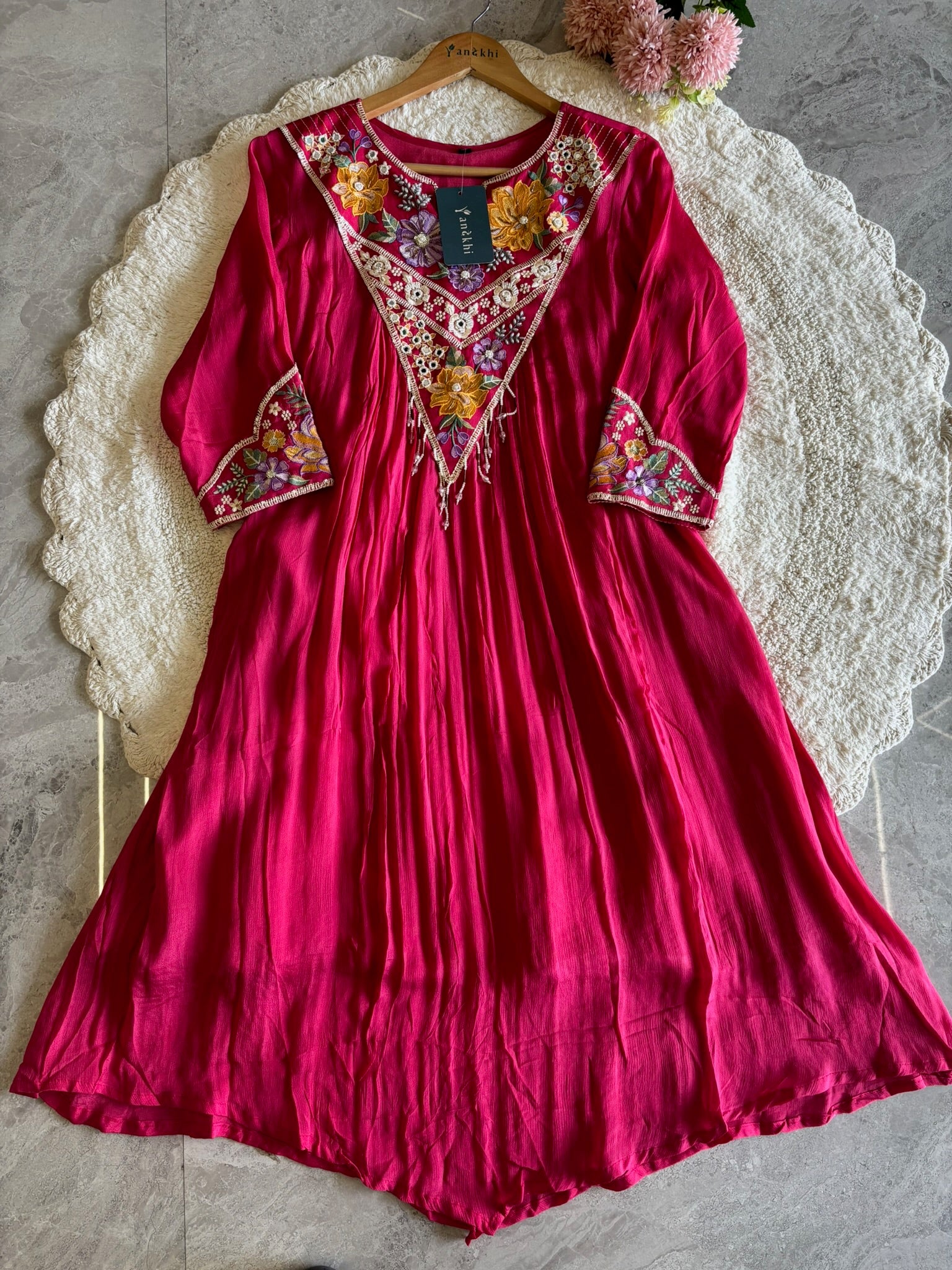 A1657- Elegant Chinon A-Line Suit with vibrant Floral Embroidery on the Yoke & Sleeves, with Pants and a delicately Embroidered Dupatta.