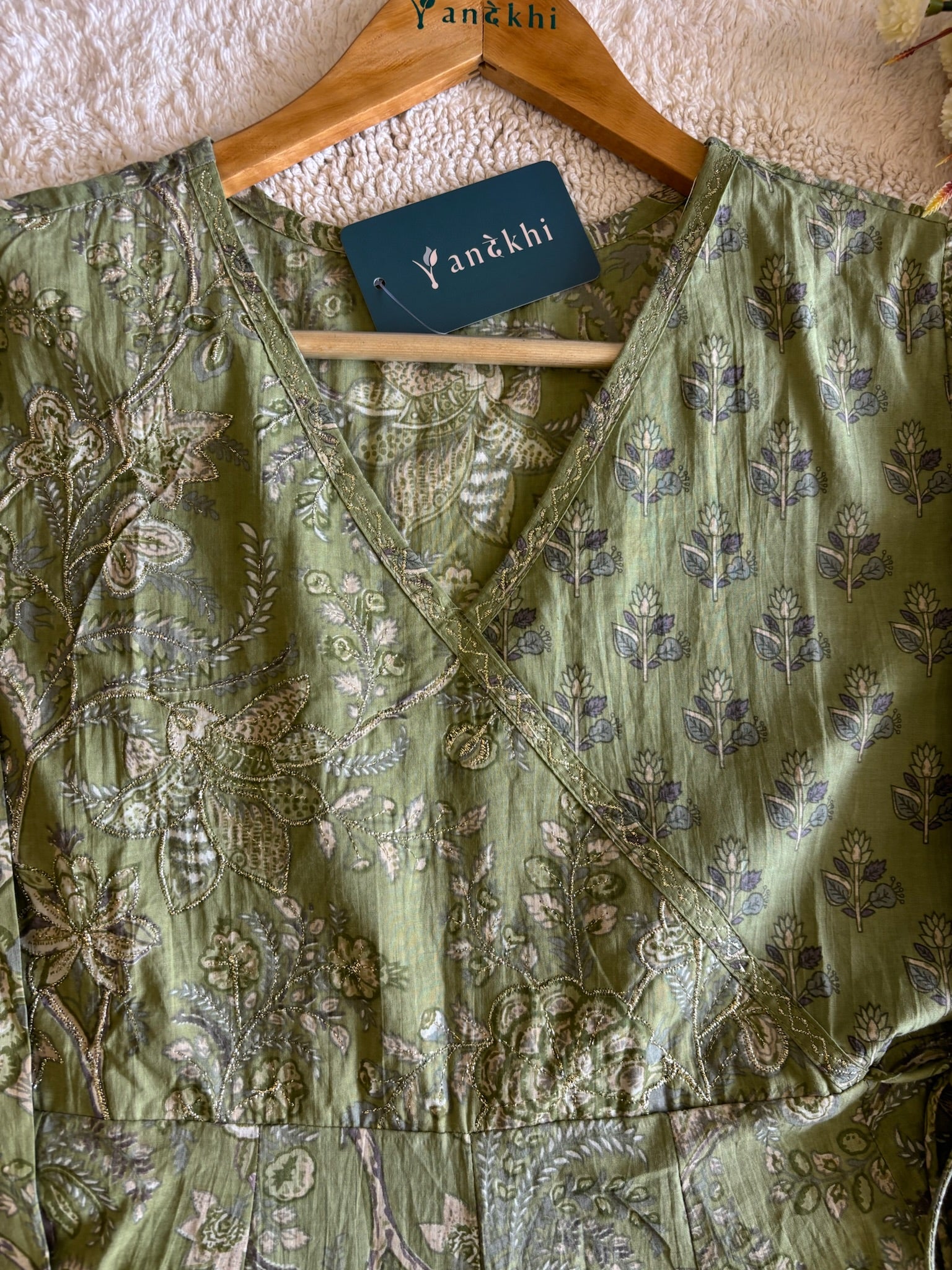 A3978- Pure Cotton Angarkha-style Anarkali Suit featuring Floral & Geometric prints, with Pants & Dupatta.