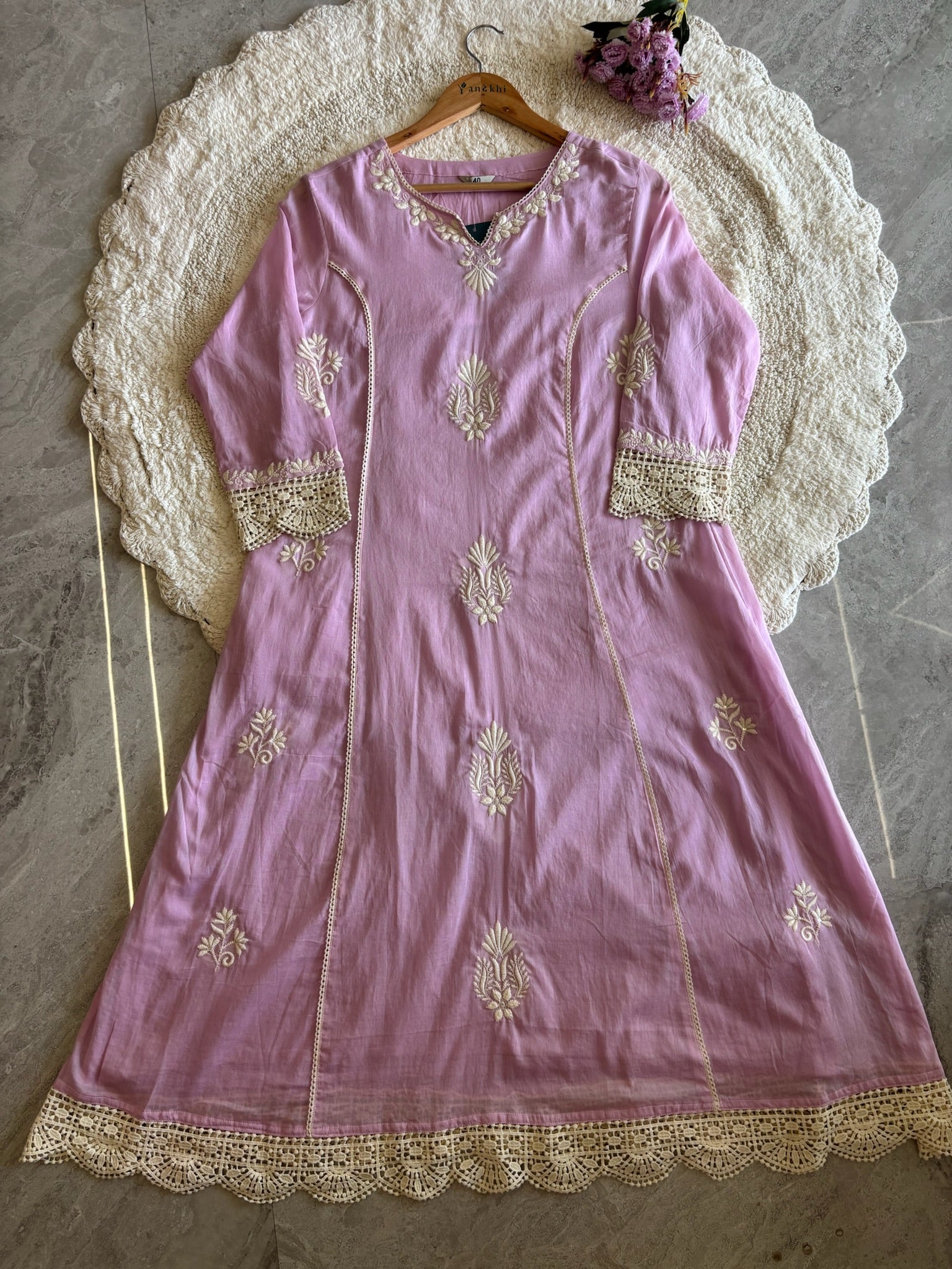 A3936- Mul Cotton Suit with delicate Embroidery & Cochet lace detailing paired with Pants & soft Dupatta.