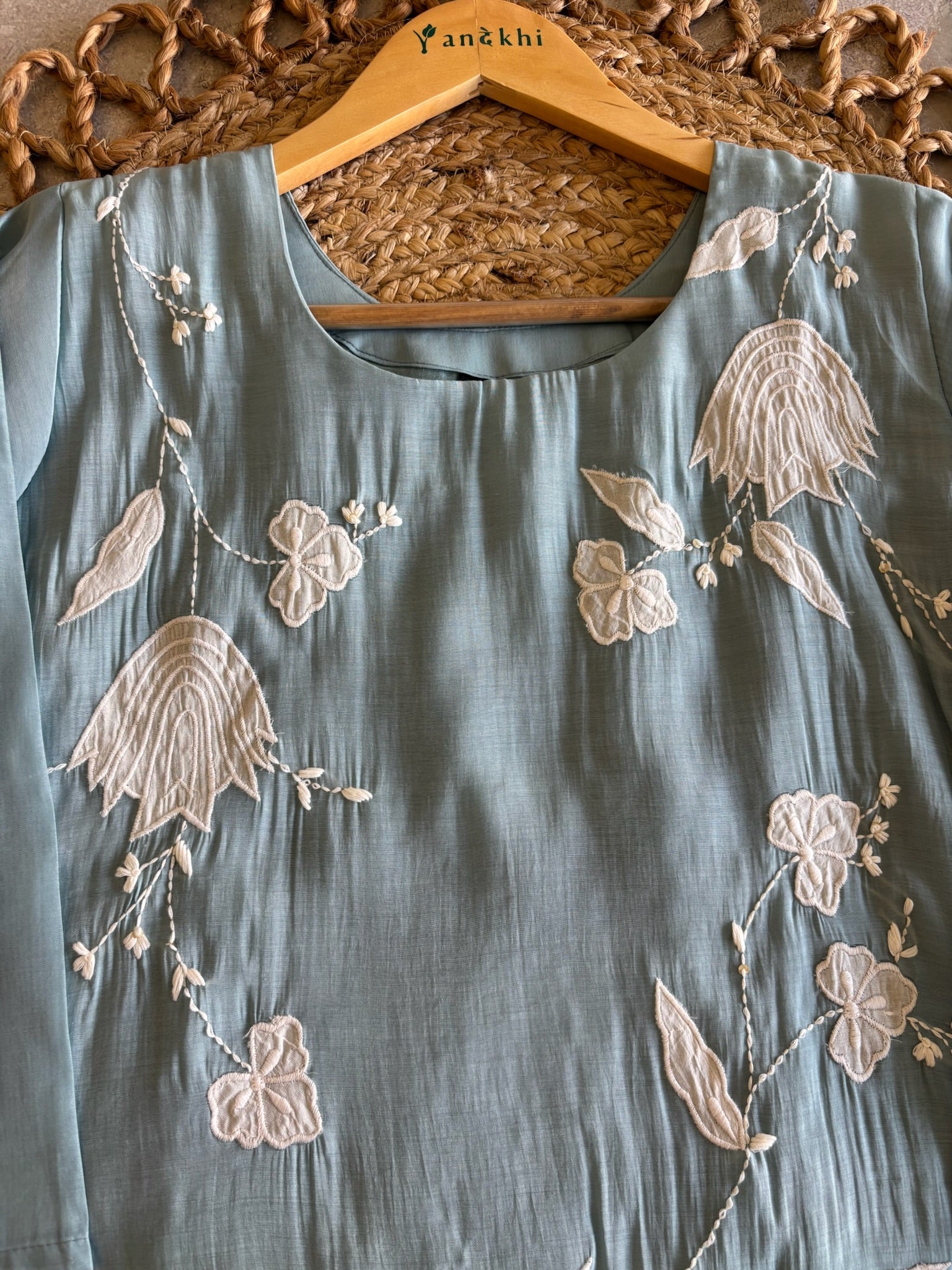 A3899 - Chanderi Silk Short Kurti with Appliqué work, Flared Plazo & Dupatta.