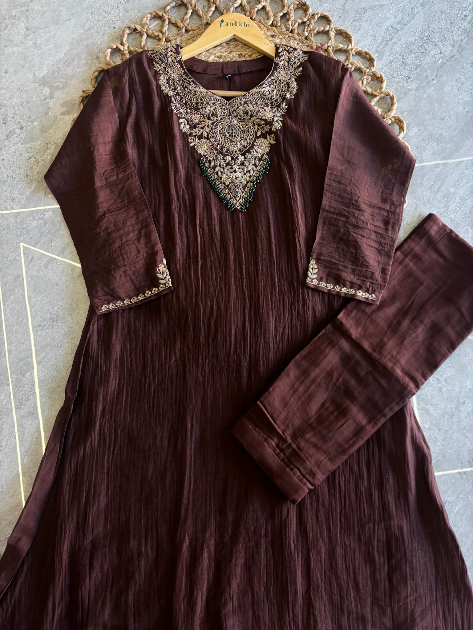 A4151 - Mul Chanderi Handwork A-lign Kurti with Pants & Dupatta.