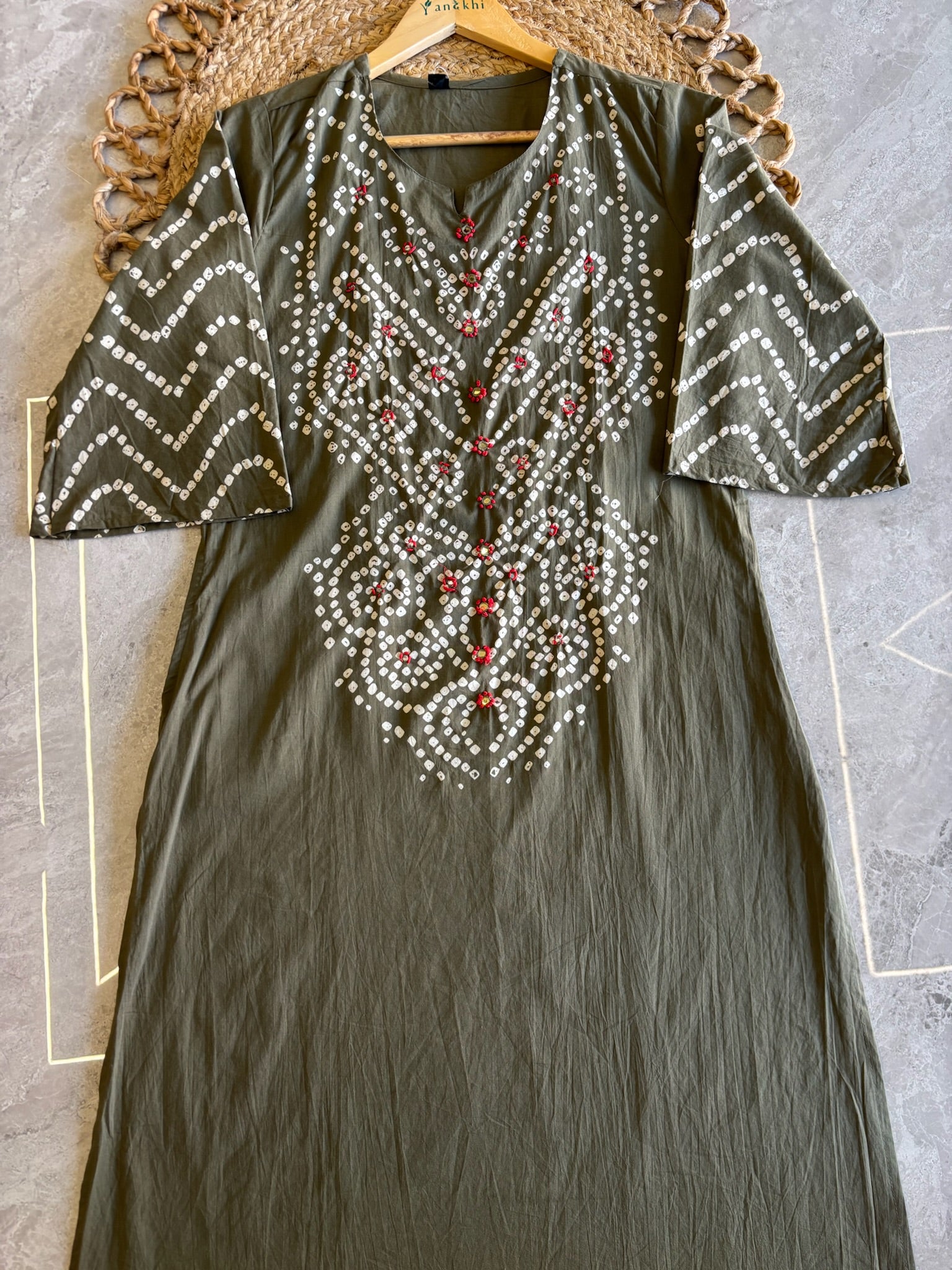 A3941- Pure Cotton Bandhani Suit With Knot-Detailed Yoke, Pants & Printed Dupatta.