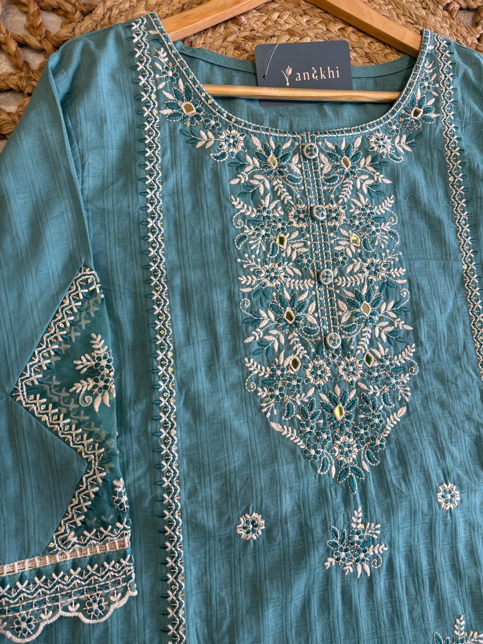 A4015 - Mul Cotton Embroidered suit with Designer Pants & a detailed Heavy Dupatta.