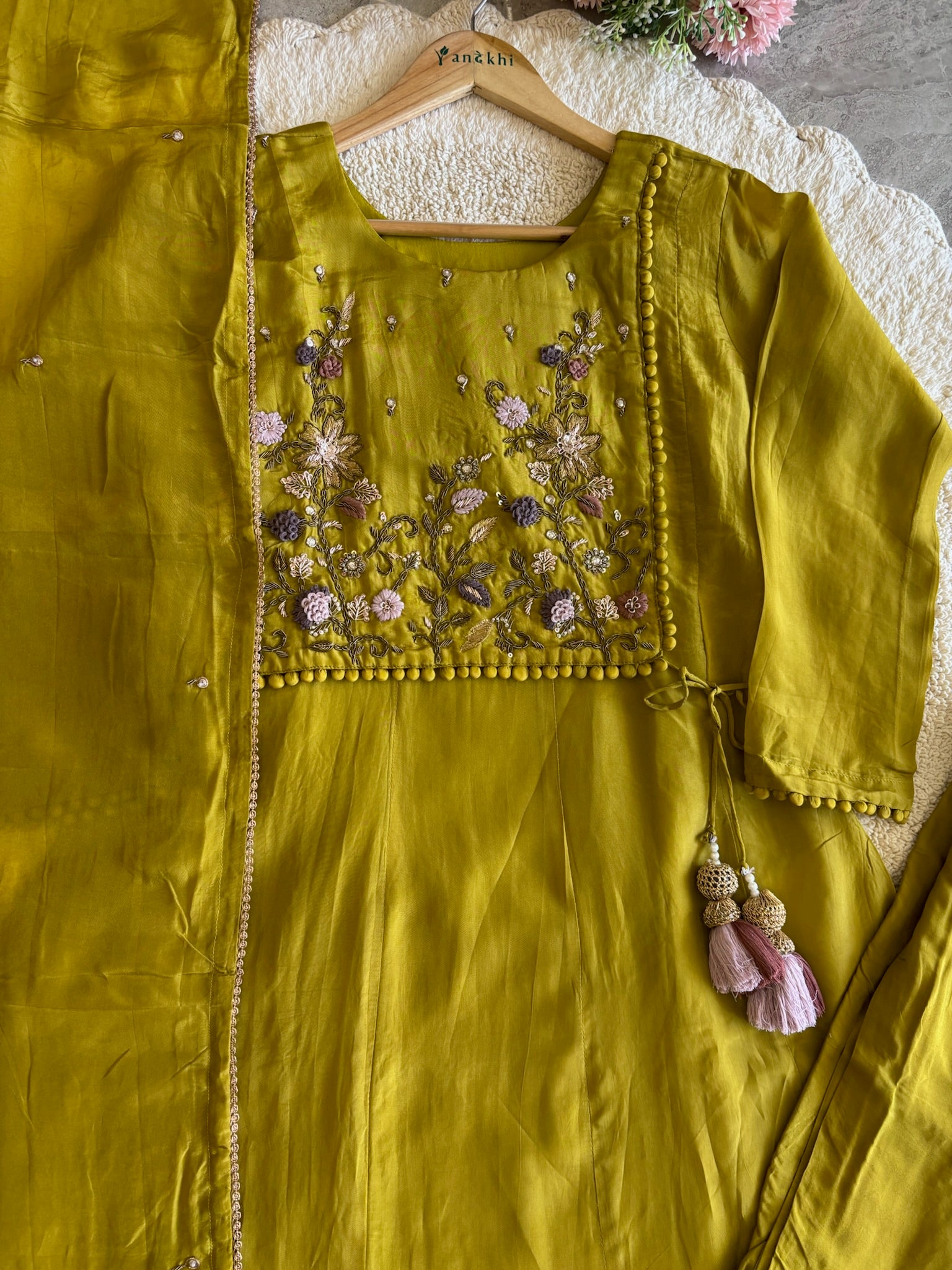 A2642- HO Silk A-Line Suit featuring an Overlap Jacket-Style Hand Embroidered Heavy, Paired with Pants & a Dupatta.