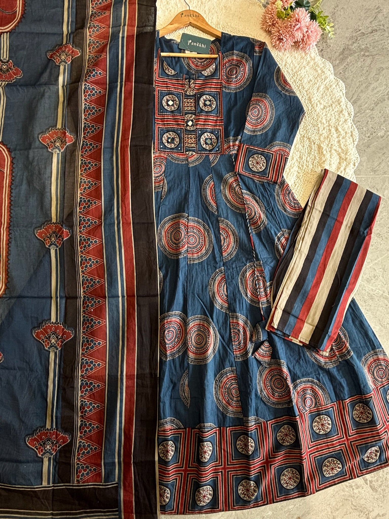 A4005- Pure Cotton Anarkali Suit Featuring an Embellished Designer Yoke, coordinated Striped Pants, & Printed Dupatta.