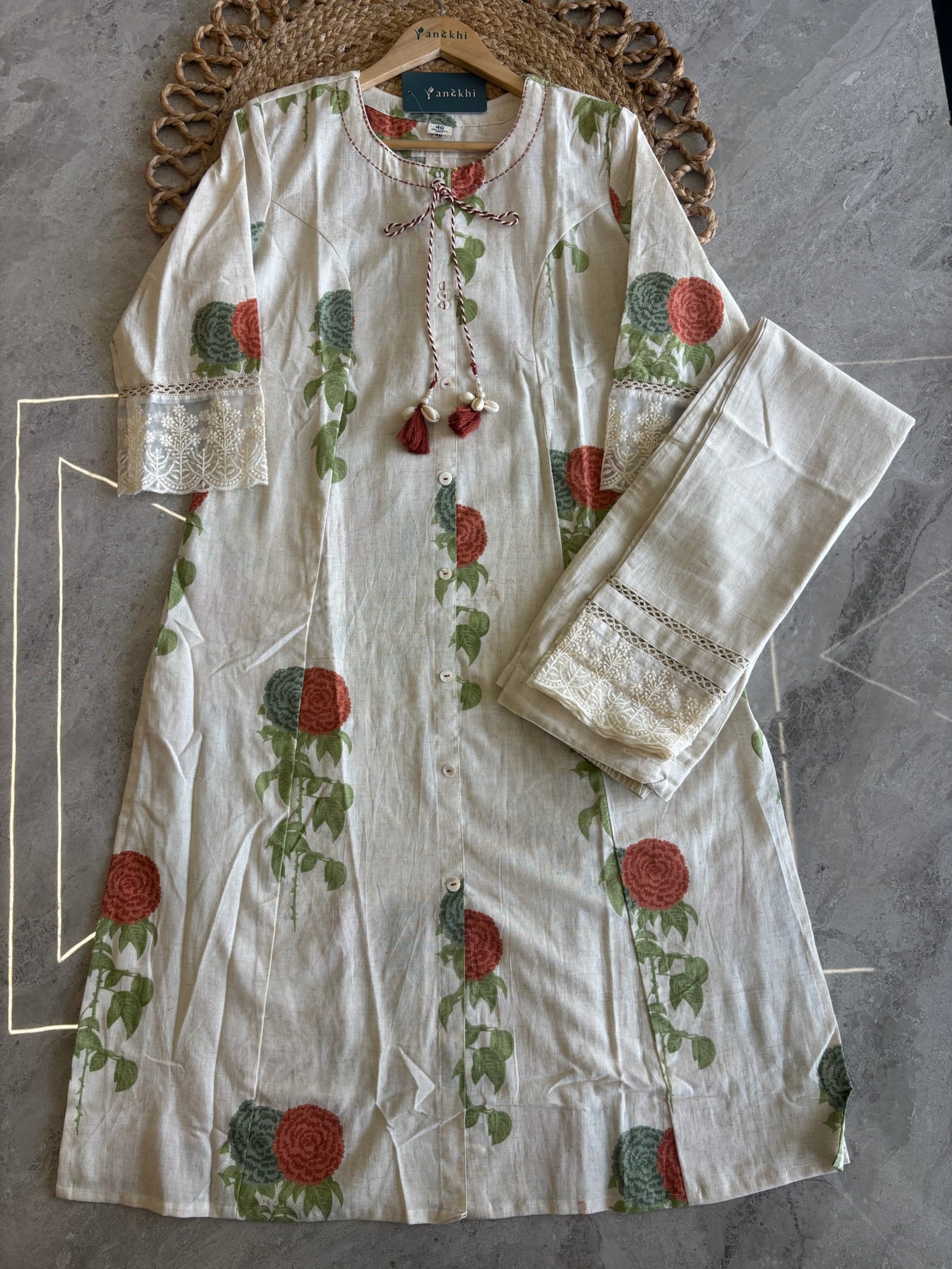 A4036 - Khadi Cotton Kurti & Pant set with lace detailed sleeves.
