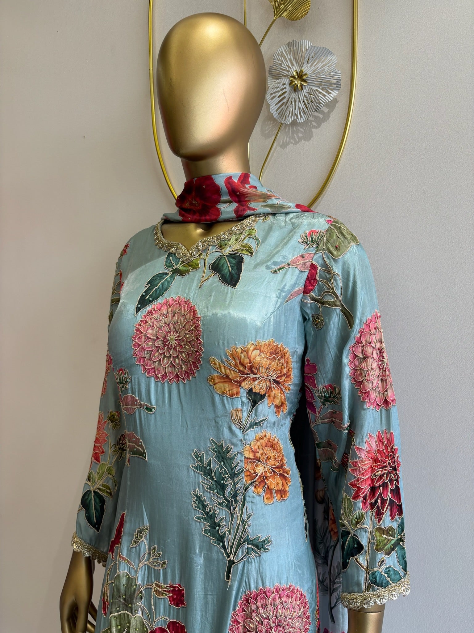 A1541- Pure Crepe Heavily Embellished Suit with Intricate Handwork paired with Palazzo Pants & Dupatta.