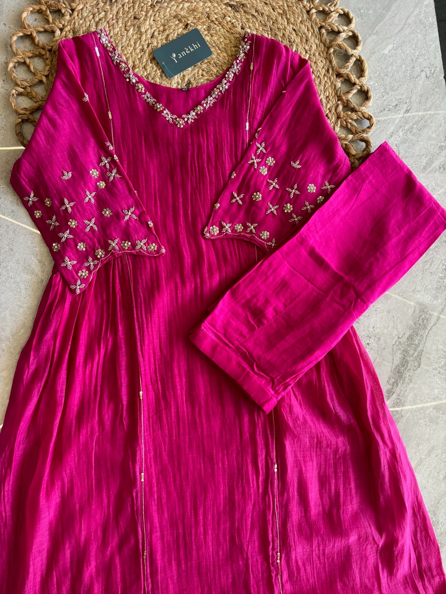 A1629 - Mul Chanderi Kurti with Delicate Hand Embroidery on Neckline & Sleeves with Pants & Dupatta.
