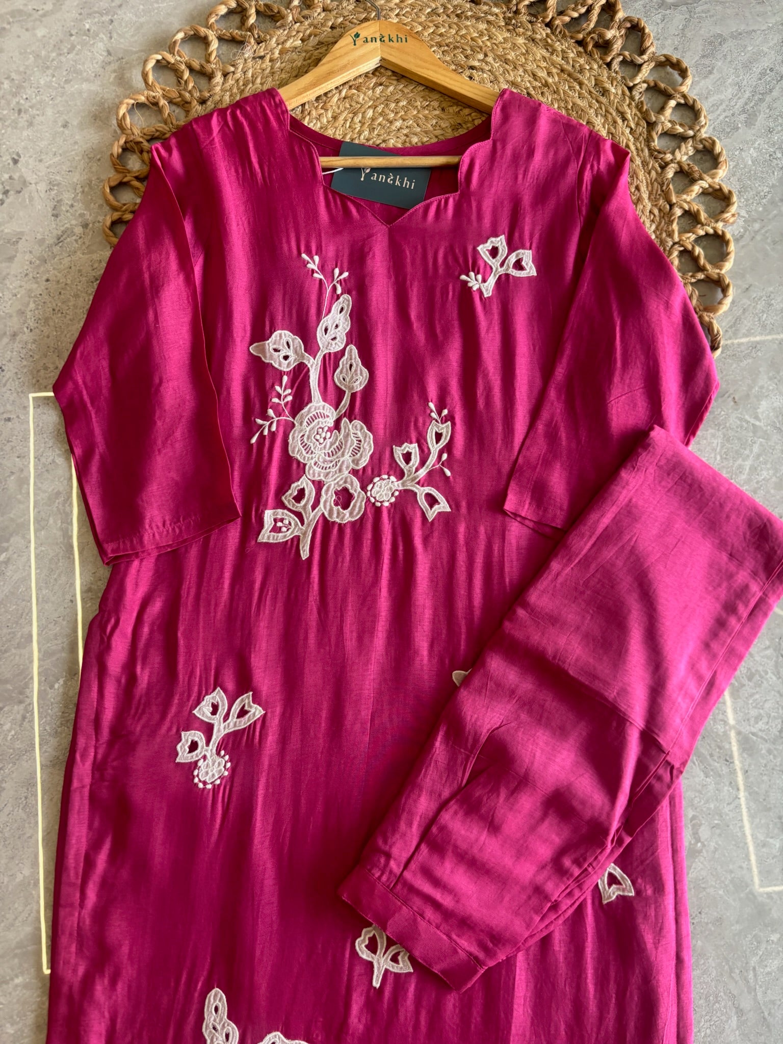 A1581- Dola Silk Kurti with Appliqué work, Pants & Dupatta with Scalloped edging.
