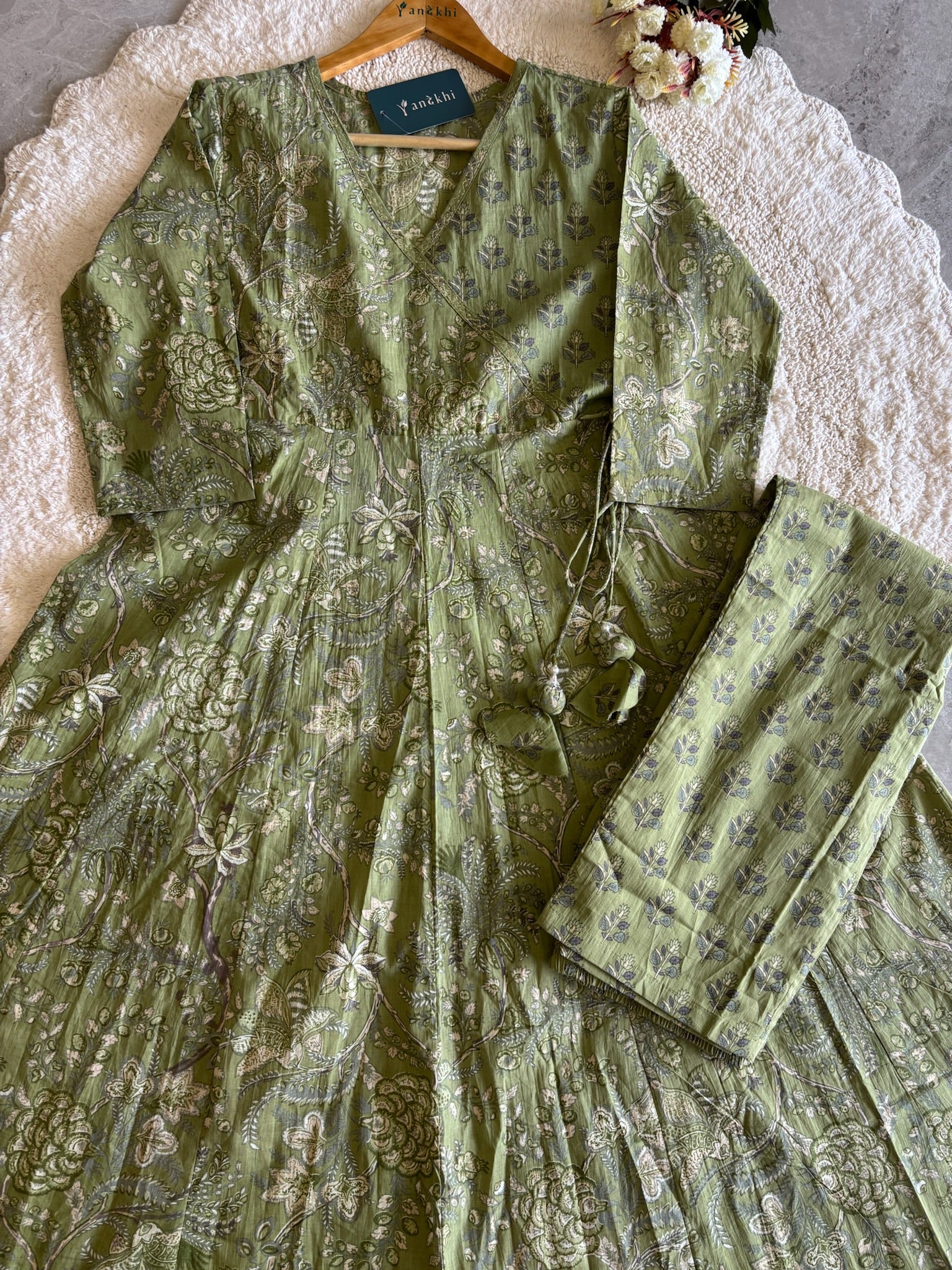 A3978- Pure Cotton Angarkha-style Anarkali Suit featuring Floral & Geometric prints, with Pants & Dupatta.