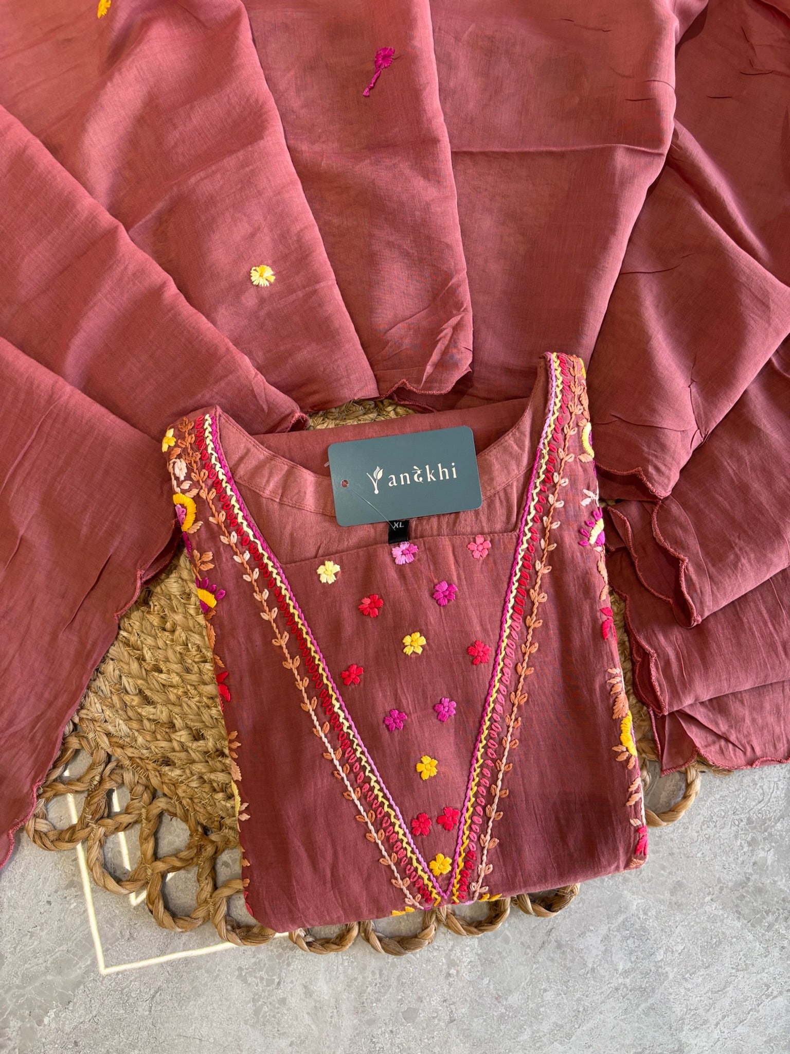 A4143- Mul Chanderi Kurti with vibrant floral Hand-Embroidery & Front Pockets, Pants & scalloped Dupatta.