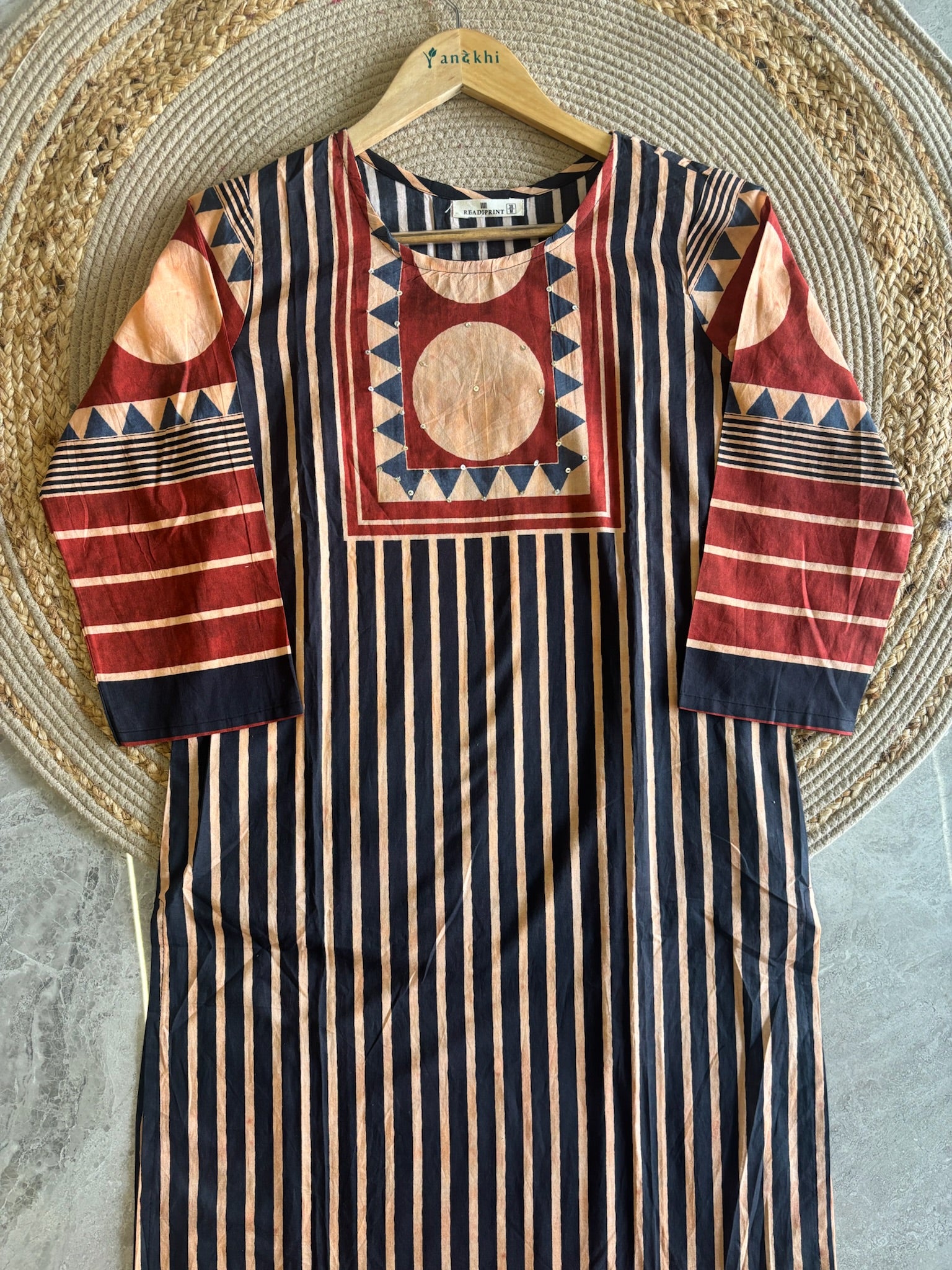 A4032- Pure Cotton Suit featuring Bold Geometric Stripes, Circular Motifs, matching Pants & Dupatta.