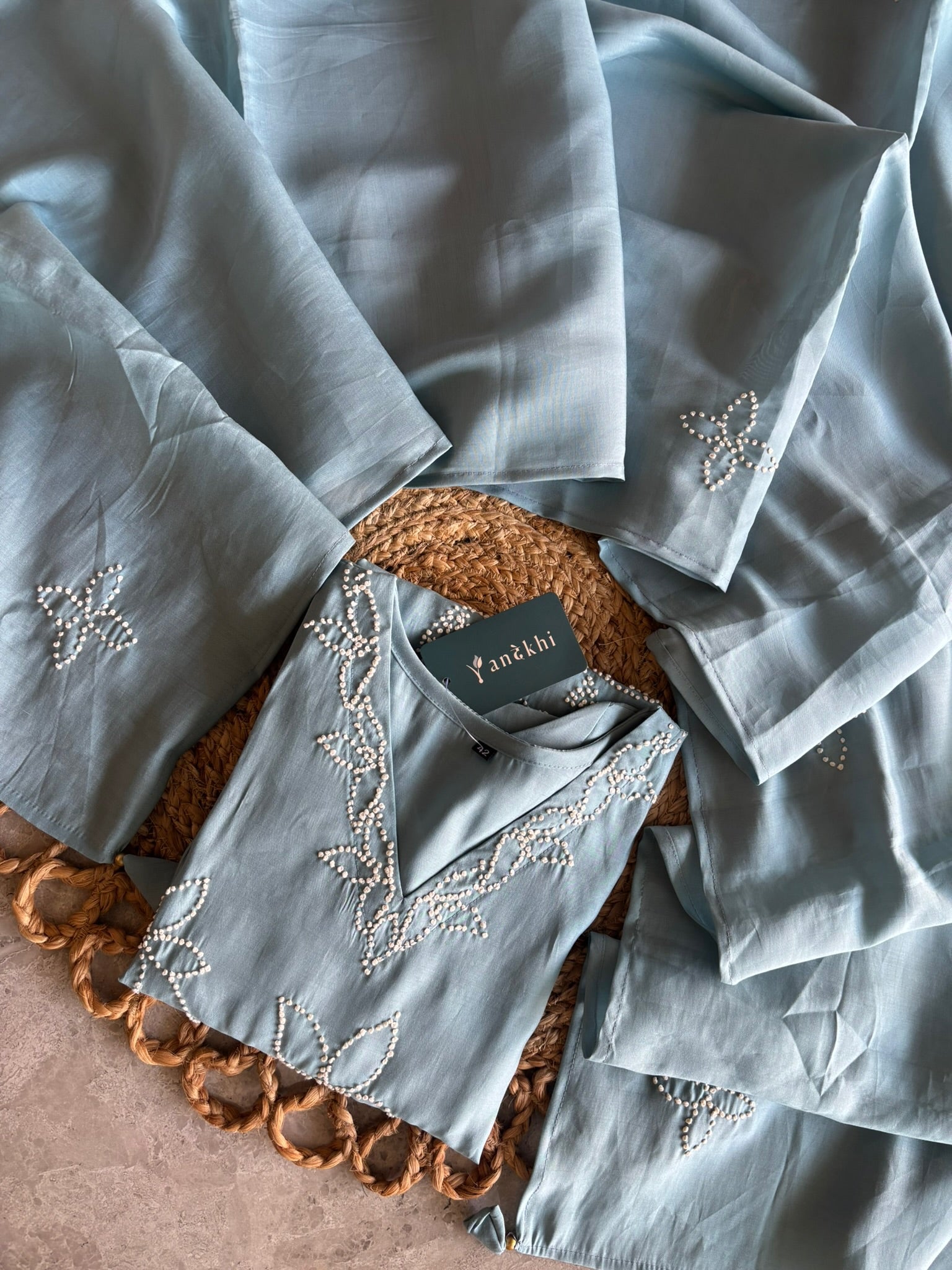 A2849 - Chanderi Silk Kurti with delicate Hand Embroidery, Pants & Dupatta.